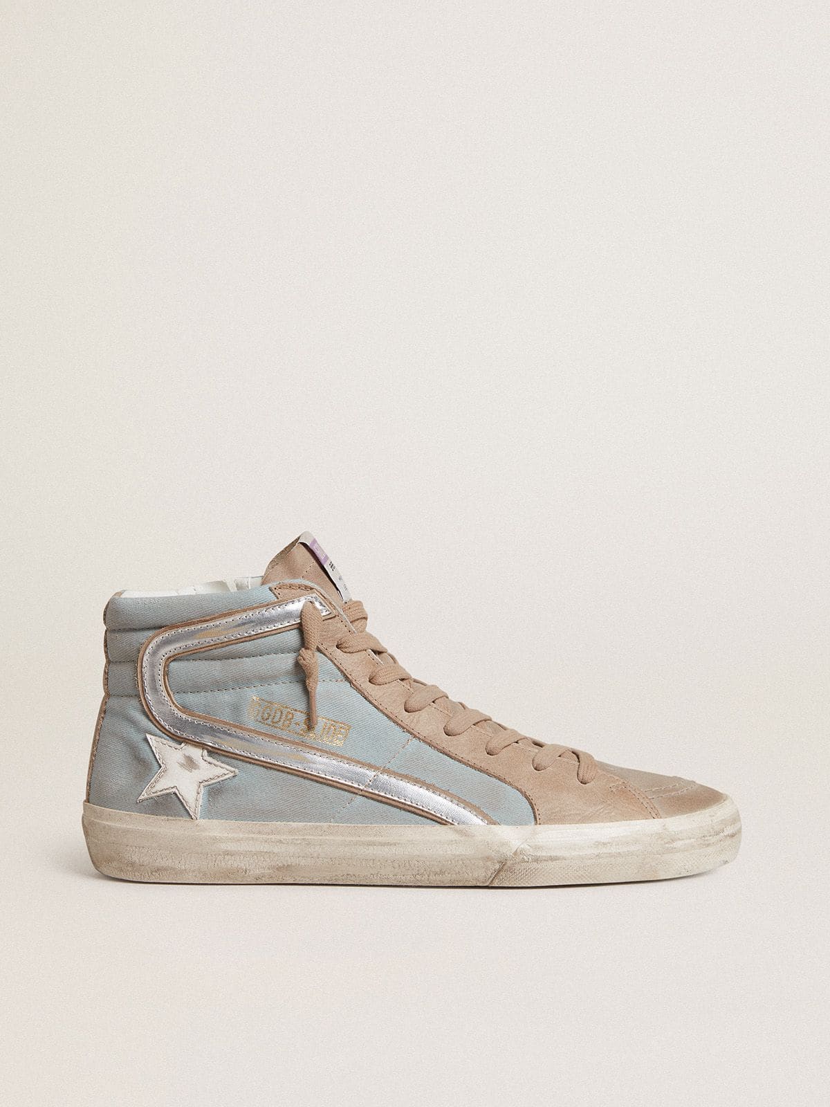 Men's Slide in light blue canvas with silver metallic leather flash