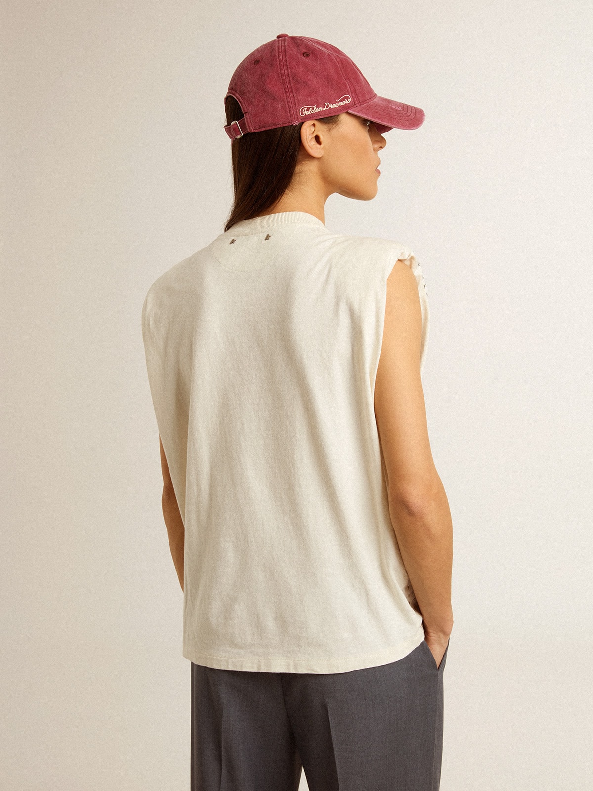 Aged white sleeveless T-shirt embellished with crystals