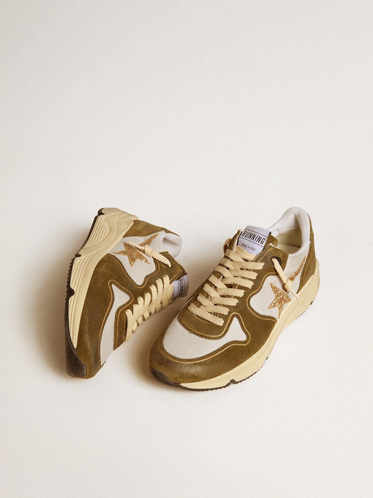 Women's Running Sole in brown suede and mesh with gold glitter star
