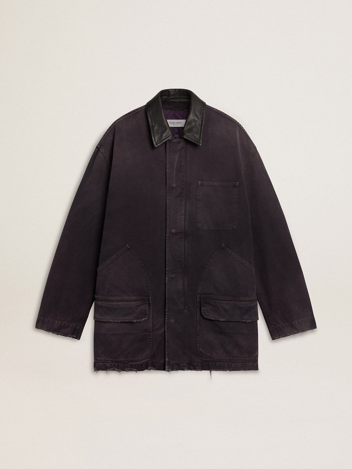 Men's denim jacket with distressed details and leather collar