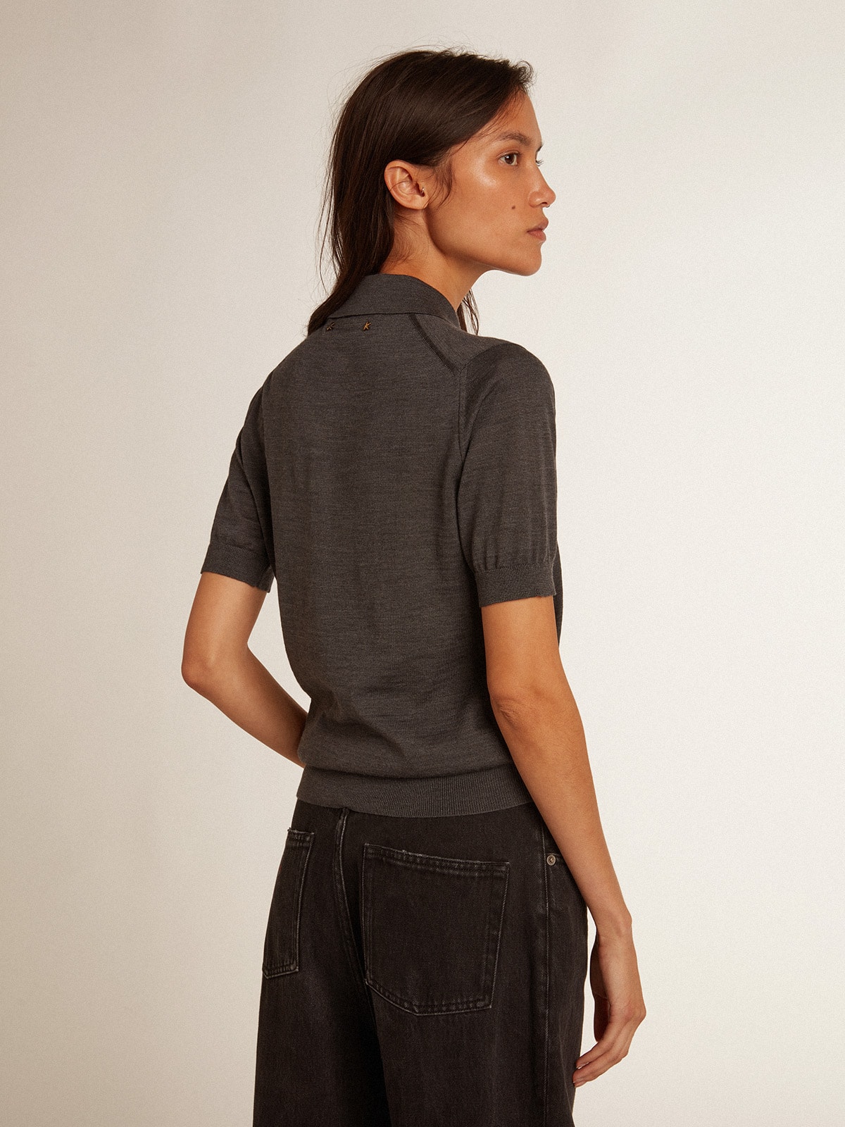 Women's polo shirt in anthracite merino wool