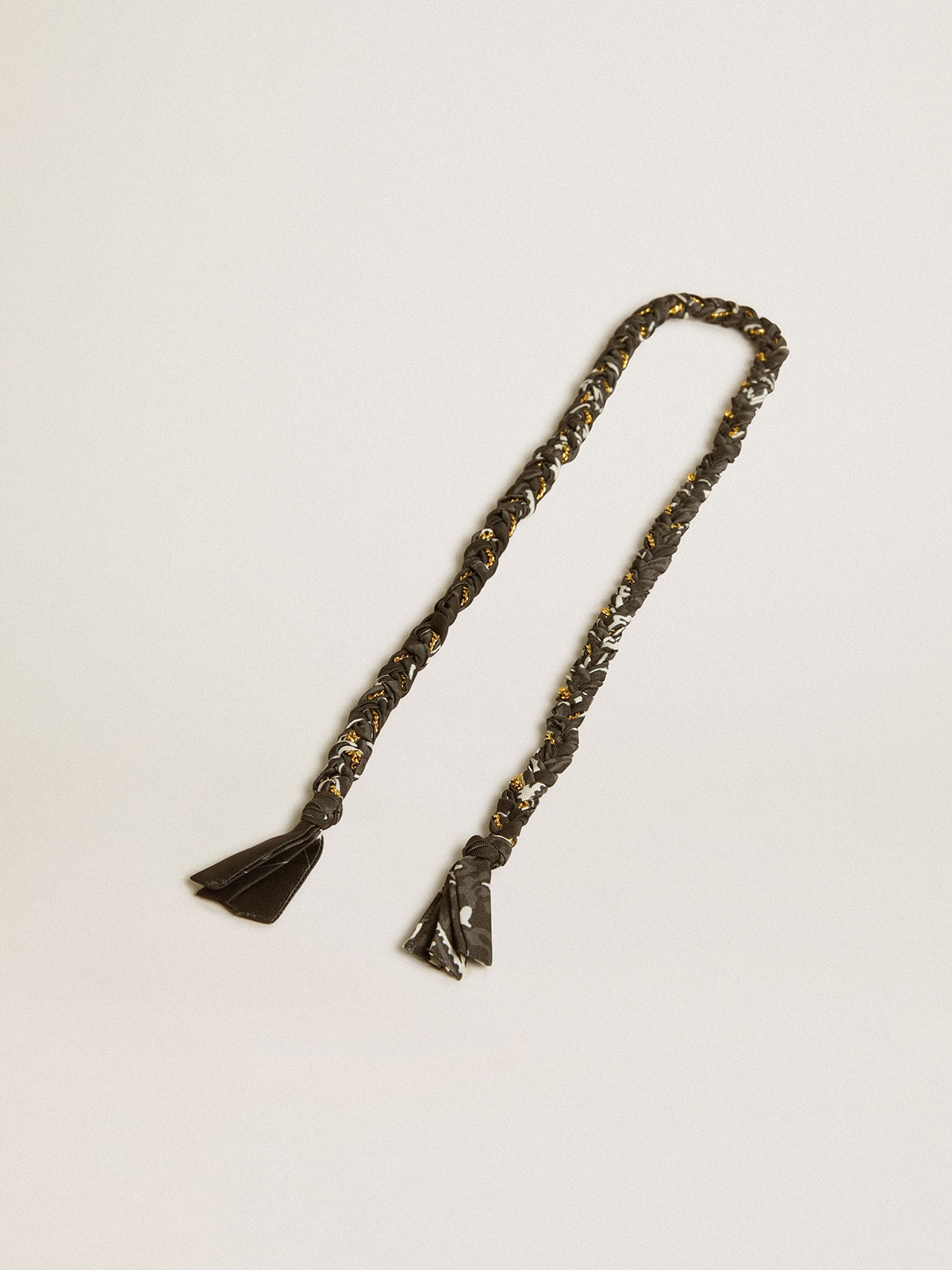 Black braided fabric charm with brass chain
