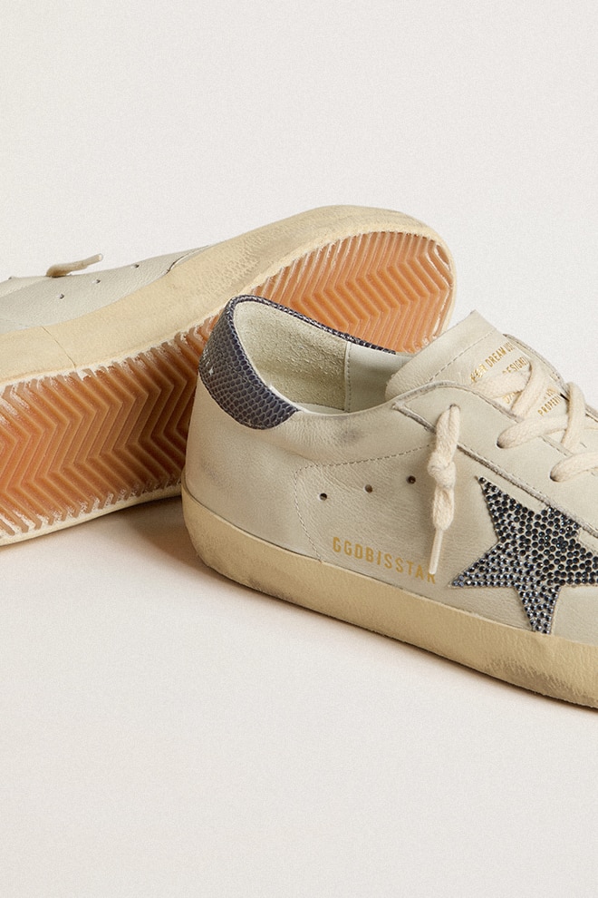 Super-Star LTD with cream-colored leather star with Swarovski crystals and blue leather heel tab with lizard print
