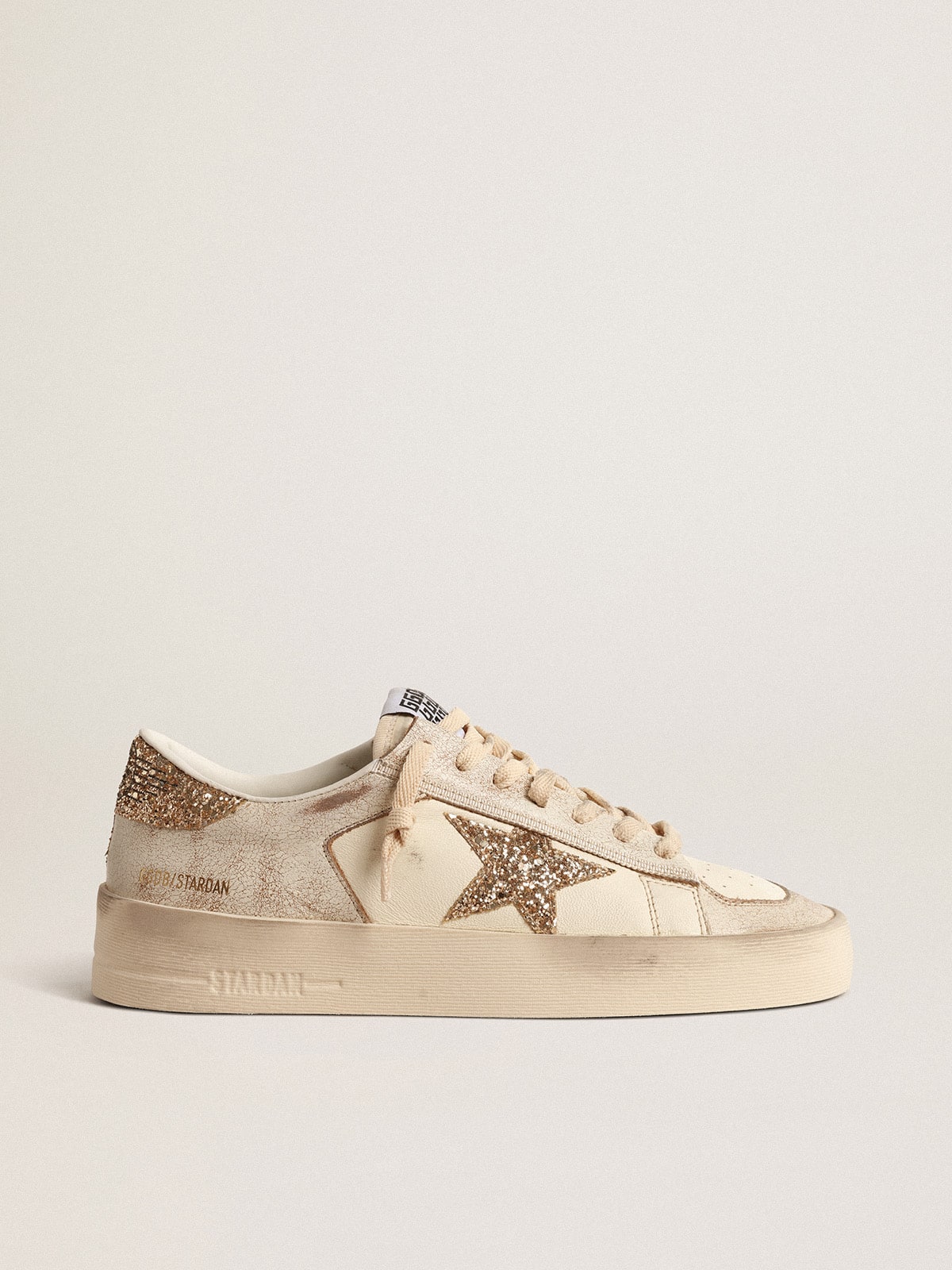 Women's Stardan in ecru nappa leather with gold glitter star and heel tab