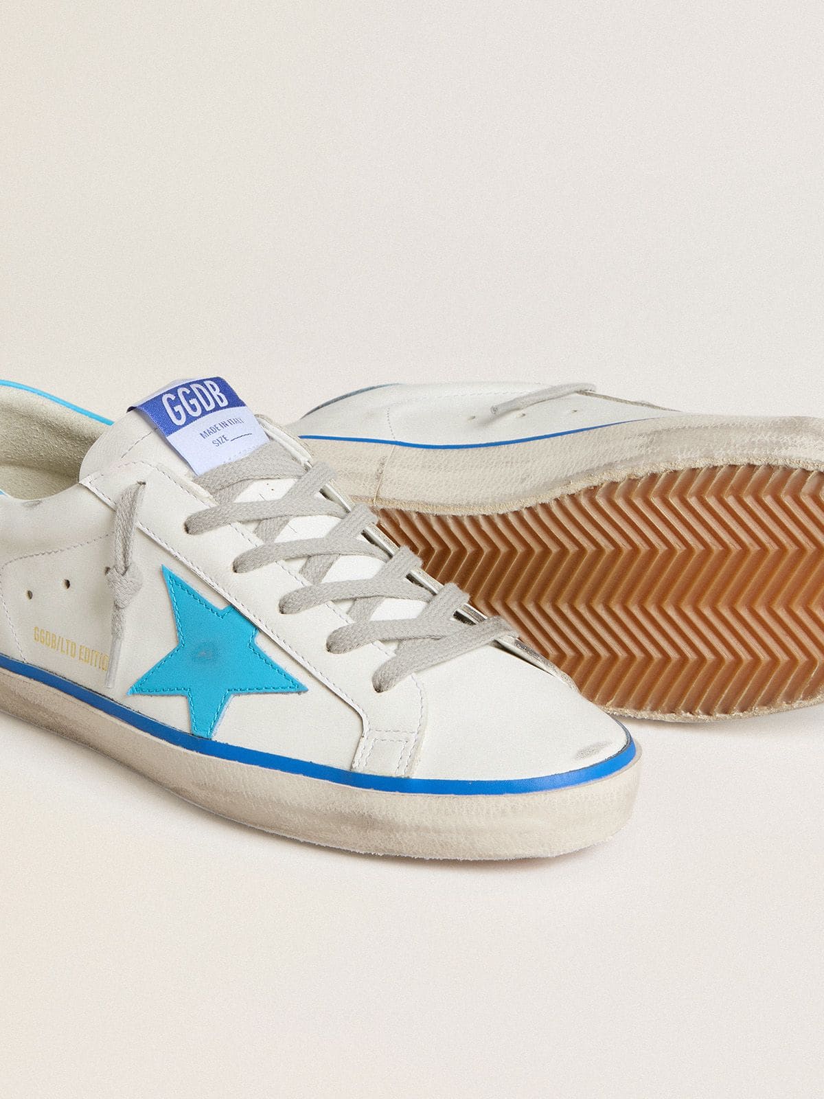 Women's Super-Star LTD in white leather with light blue leather star and heel tab
