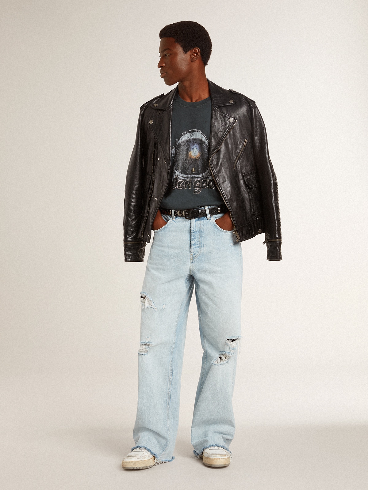Men's black leather biker jacket with glossy effect