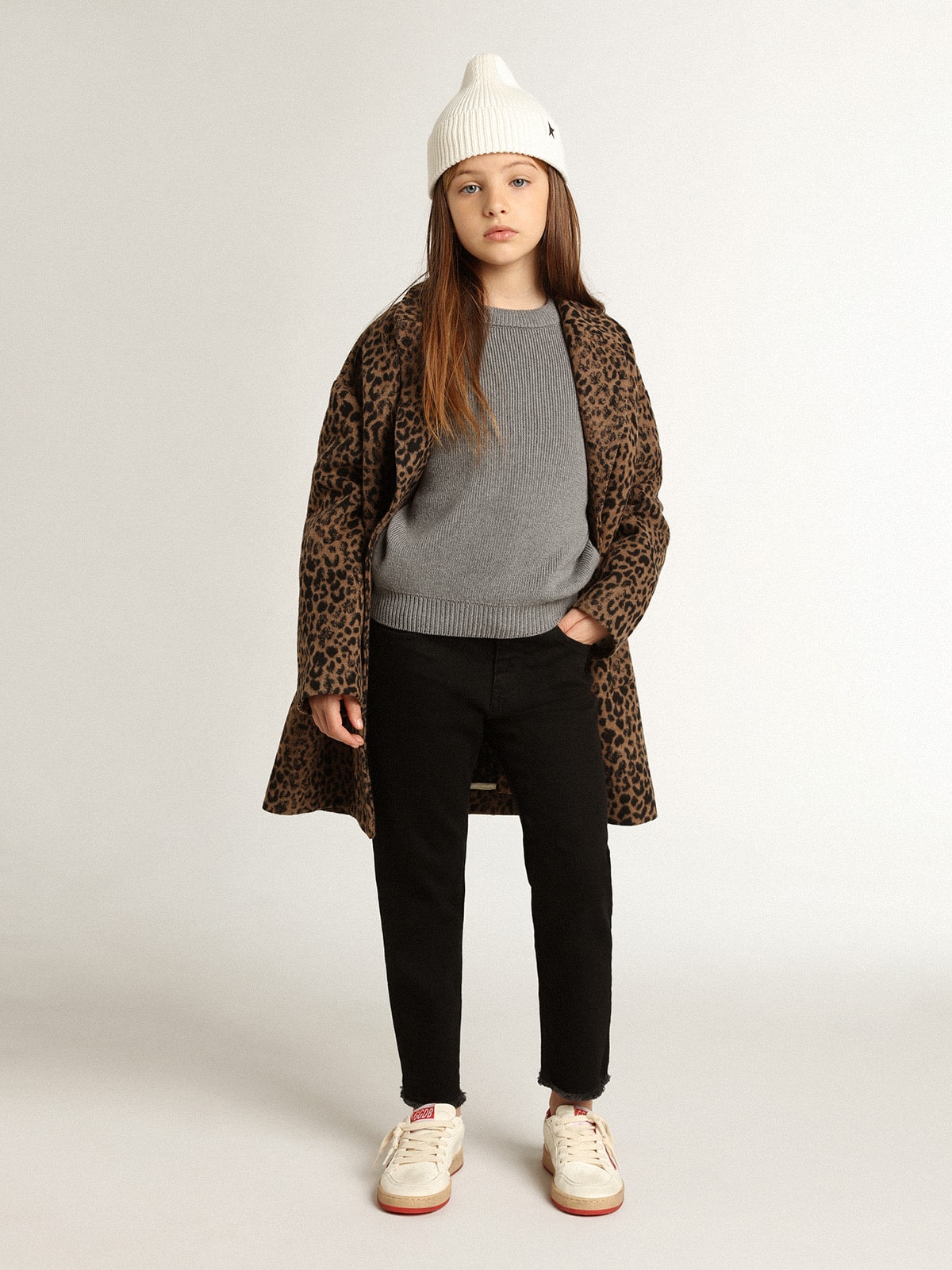 Girls' single-breasted coat in wool with jacquard animal print