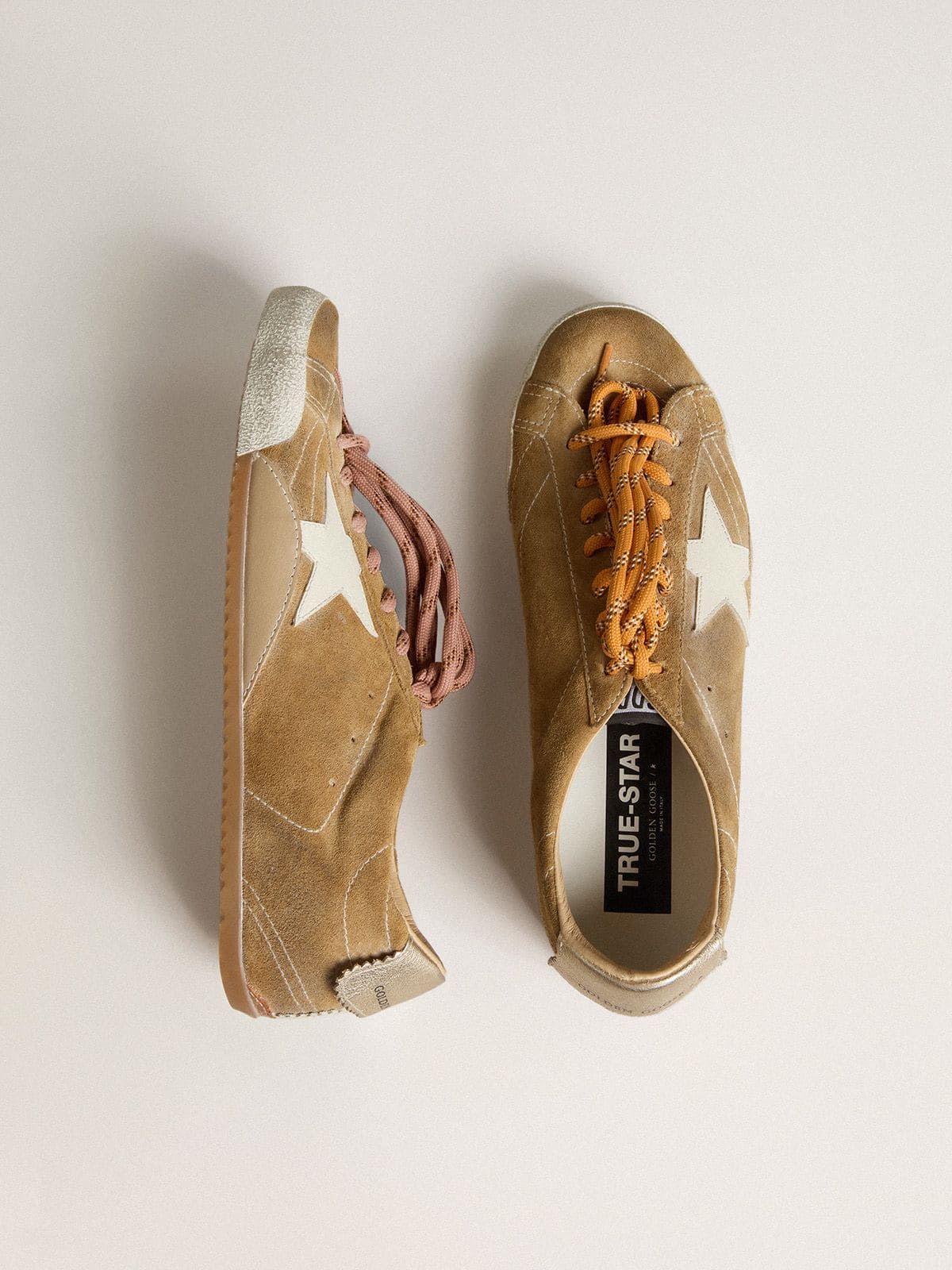 Women's True-Star in tobacco-colored suede with white star and platinum heel tab
