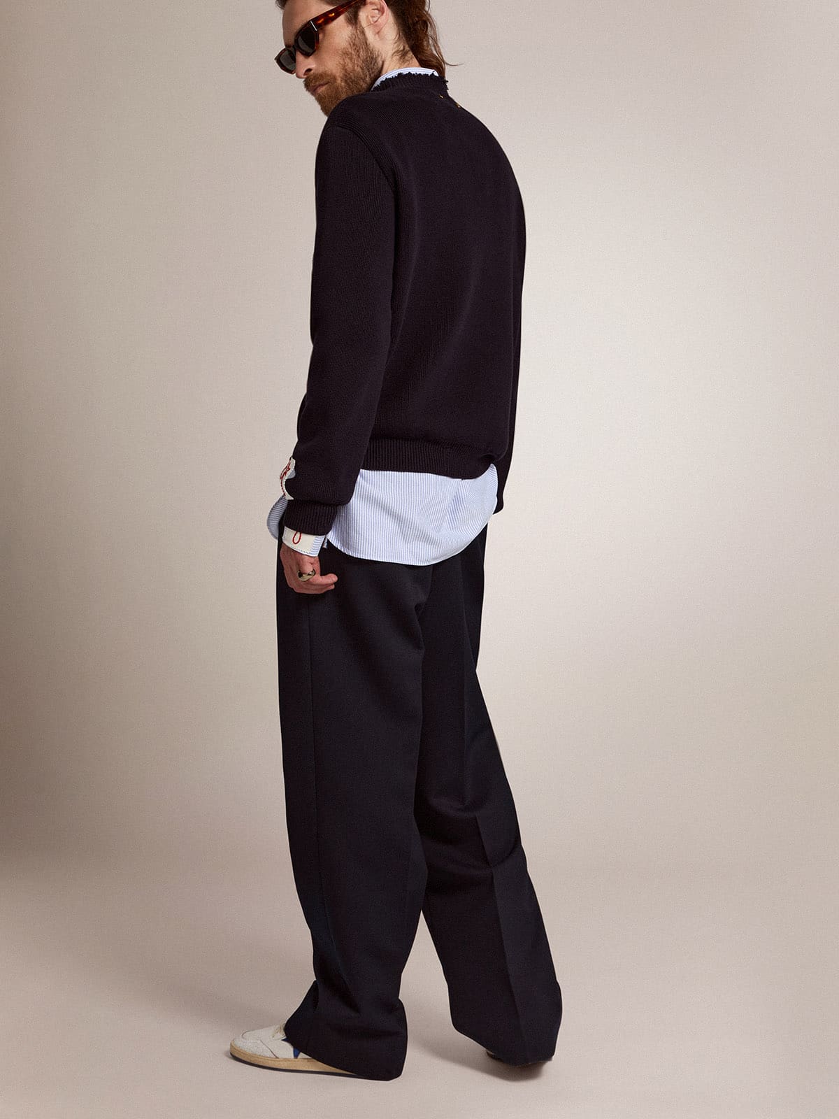 Men's wide leg pants in dark blue wool