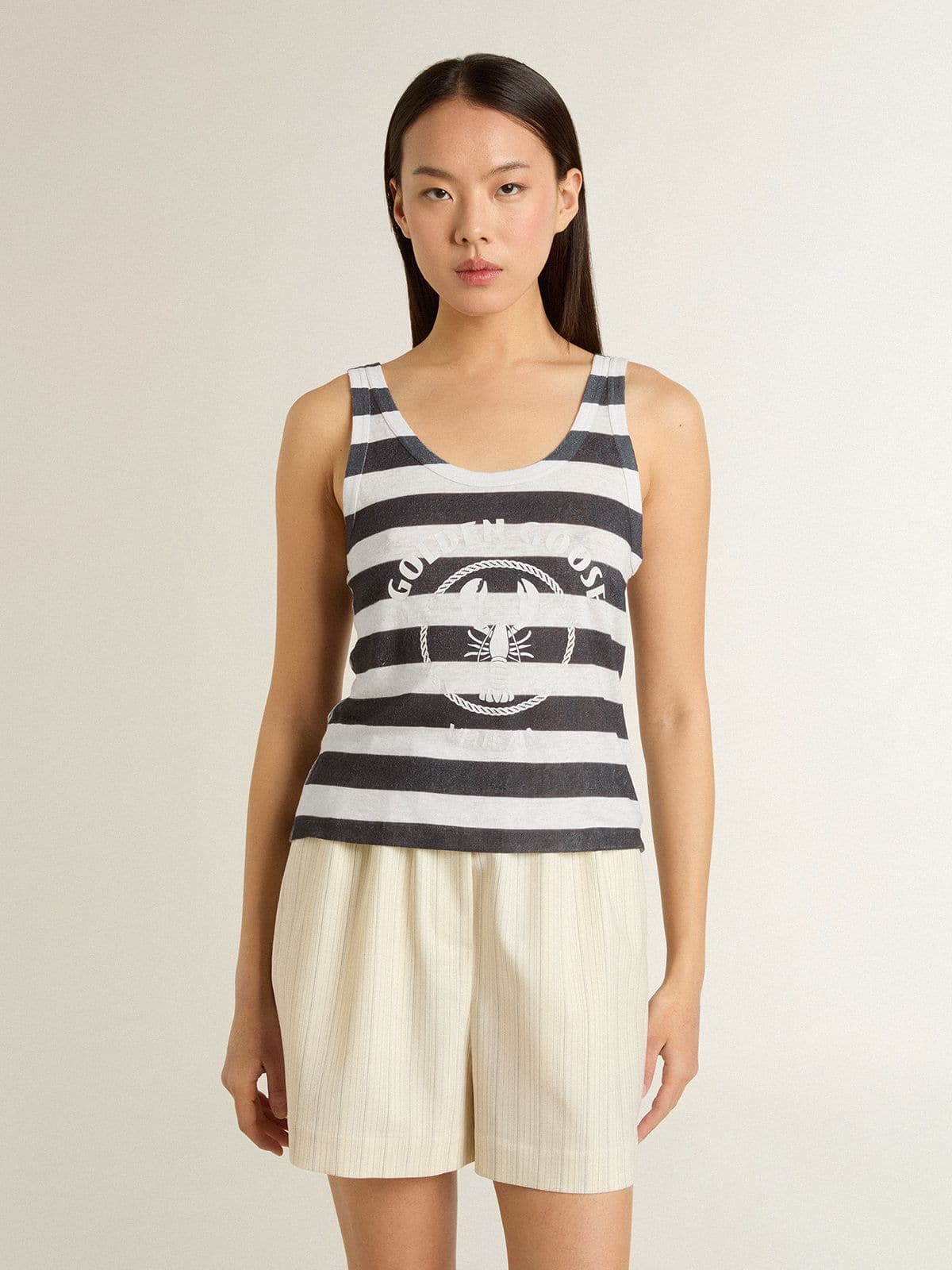 Women's white and blue striped linen jersey top with lobster print