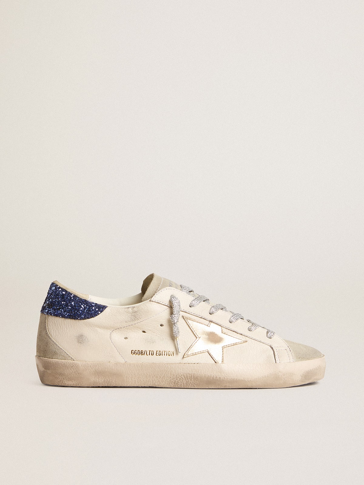 Women's Super-Star LTD in nappa leather with platinum star and blue glitter heel tab
