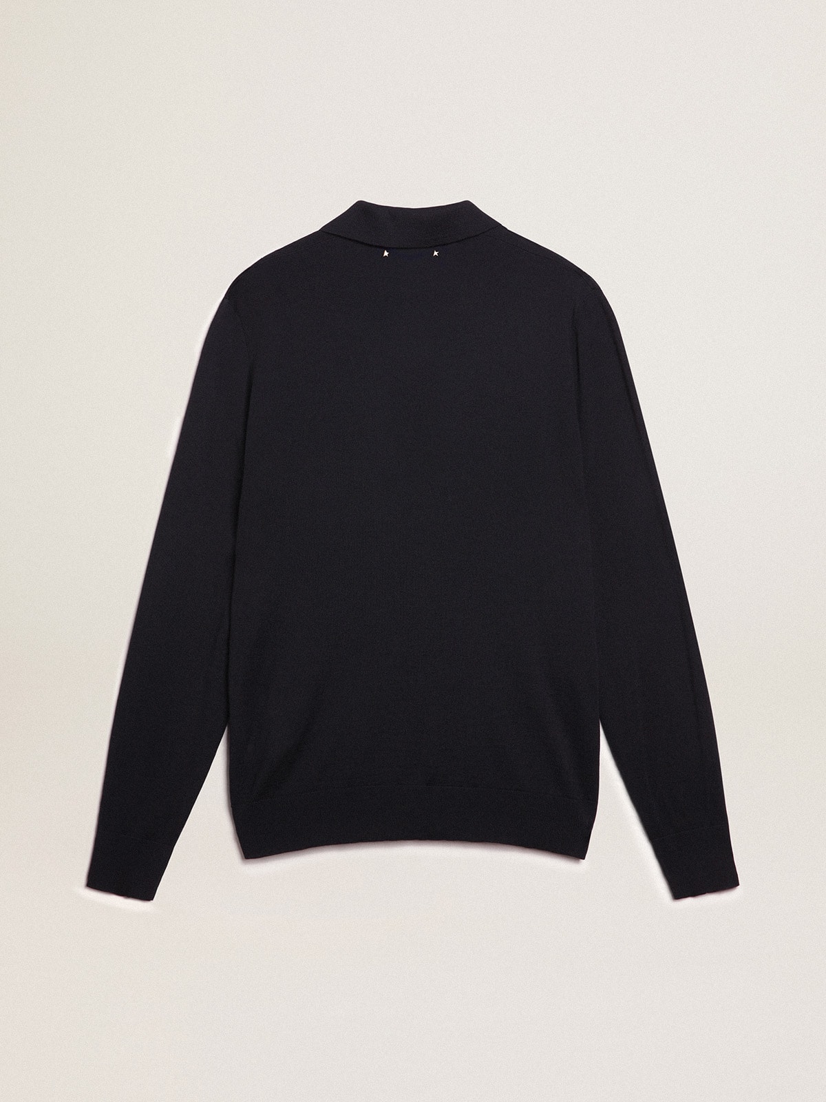 Men's long-sleeved polo shirt in navy-blue merino wool
