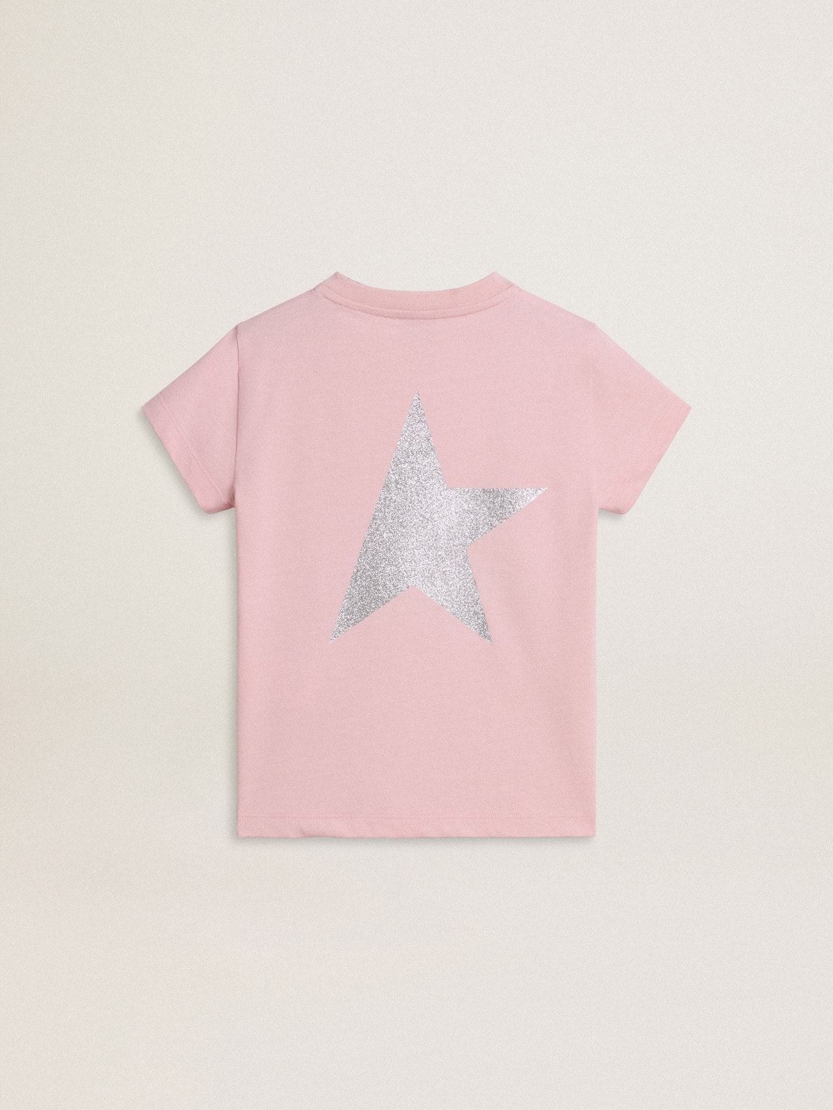 Girls' pink T-shirt with silver glitter logo and maxi star