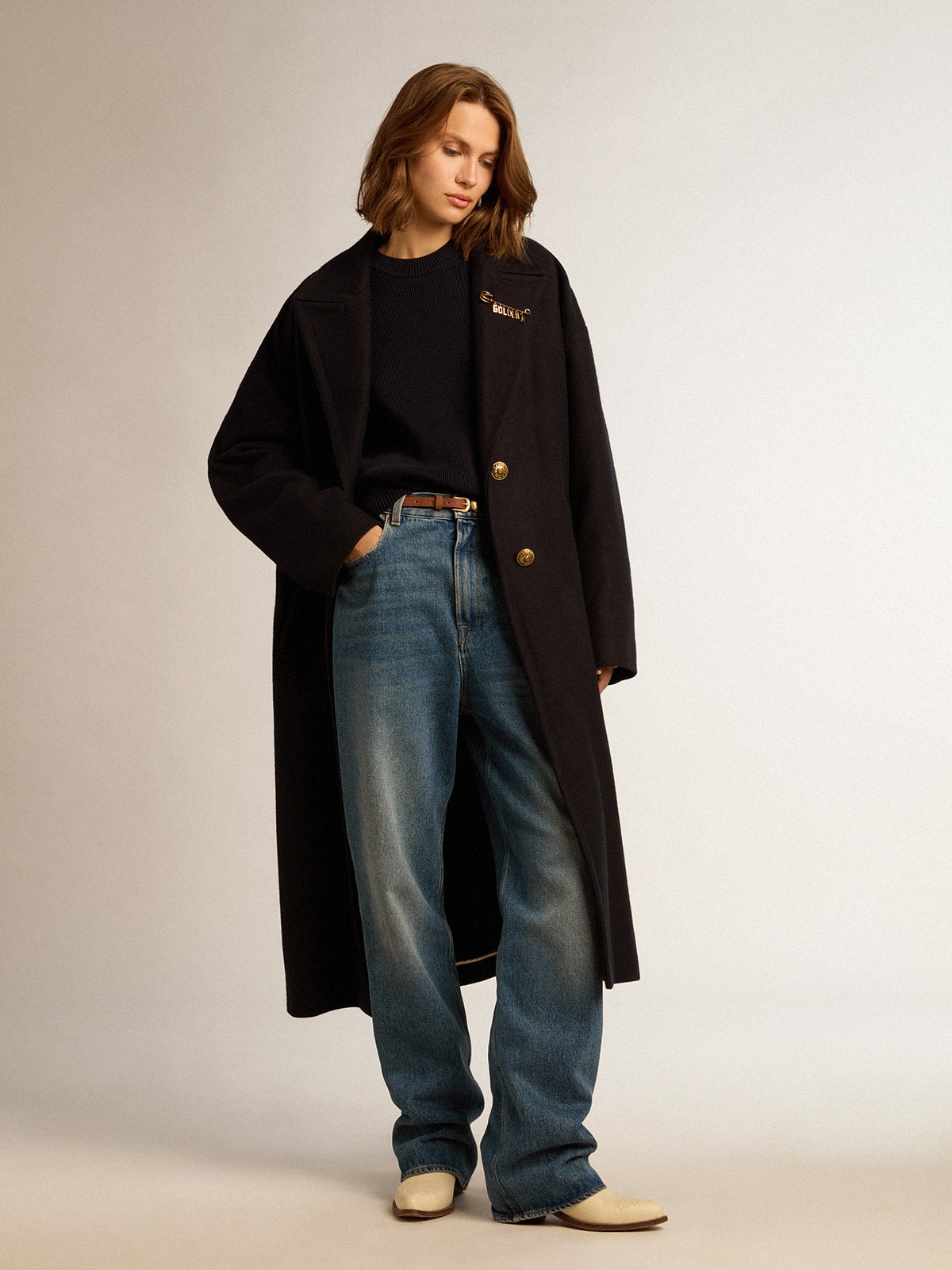 Women's round-neck sweater in dark blue cotton with logo on the back