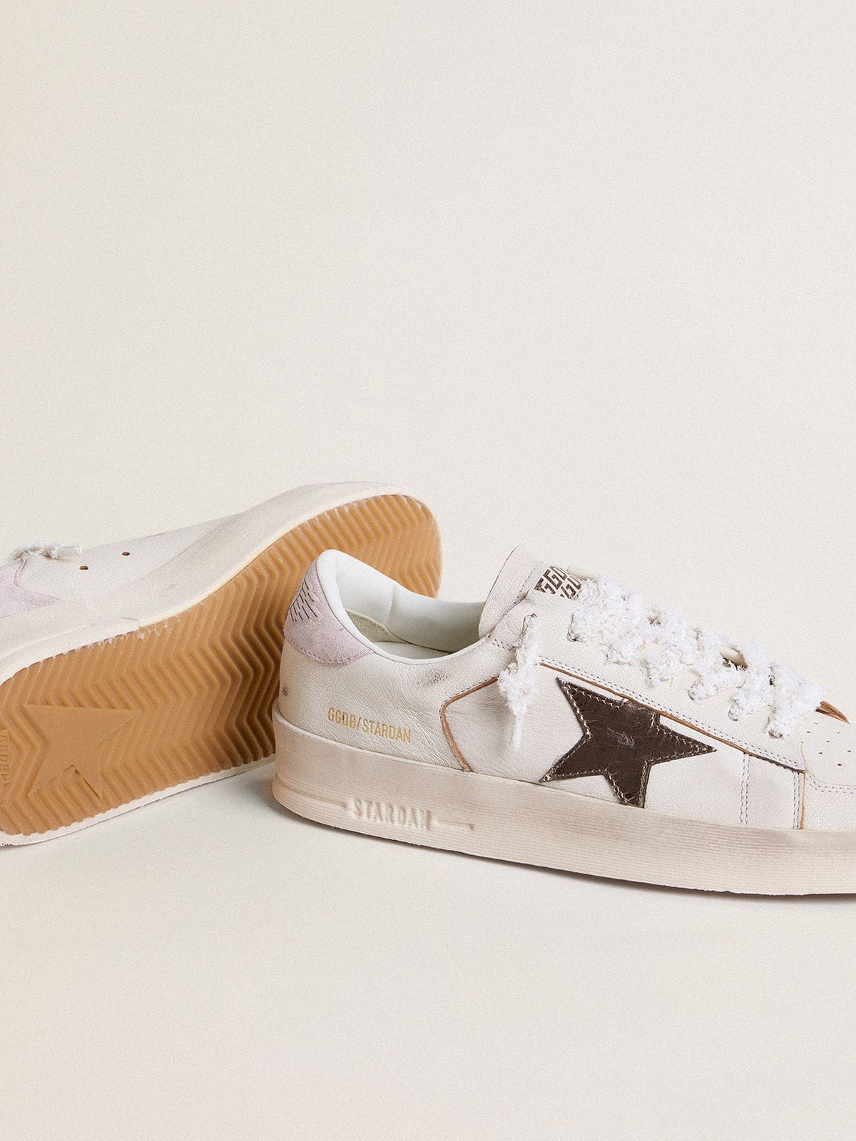 Stardan in nappa leather with metallic silver leather star and pink suede heel tab