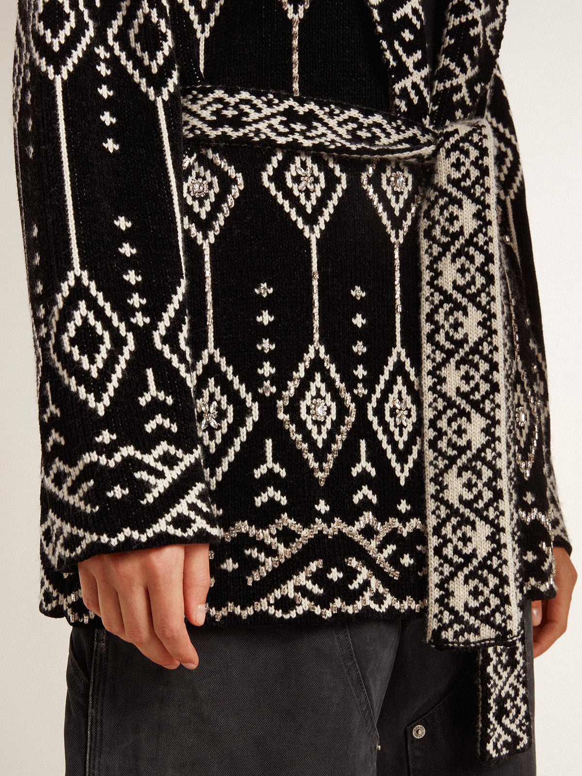 Women's black cardigan with belt and crystals