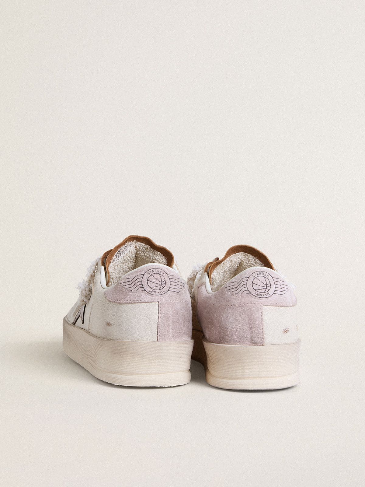 Stardan in nappa leather with metallic silver leather star and pink suede heel tab