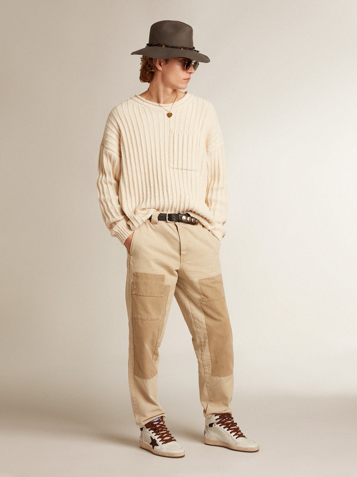 Men's Sky-Star in white nappa leather with a chocolate suede star