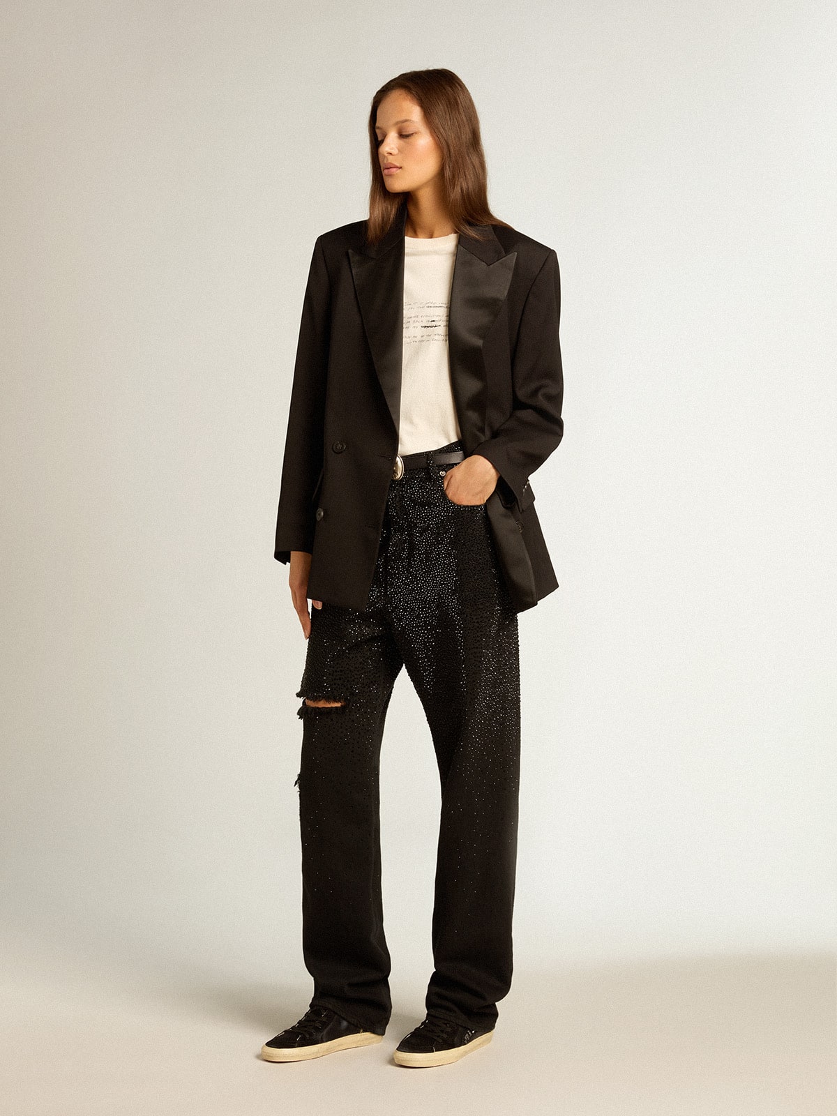 Women's cotton denim pants with shaded-effect crystal decoration