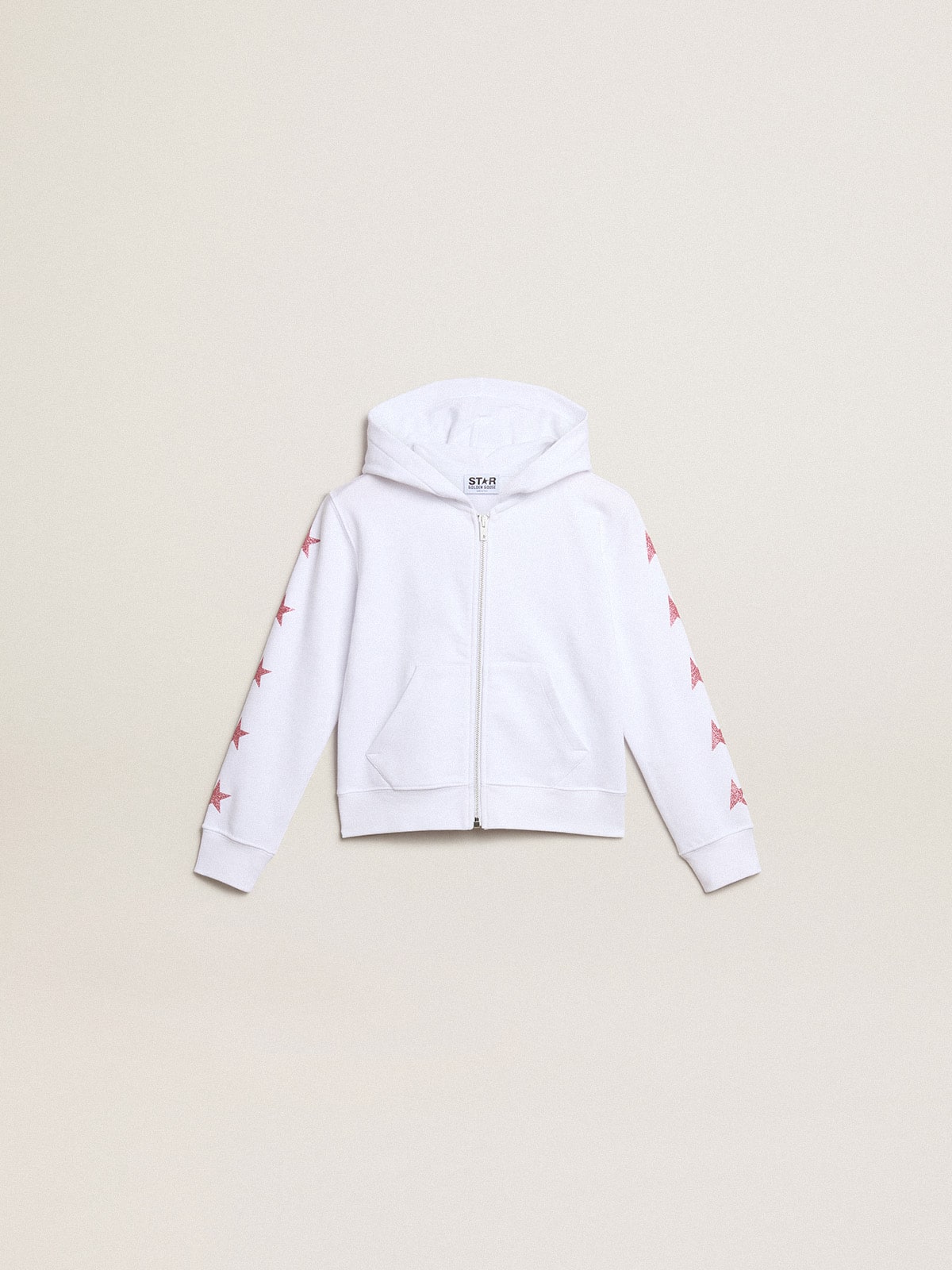 Girls' zip-up sweatshirt in white with glitter stars on the sleeves