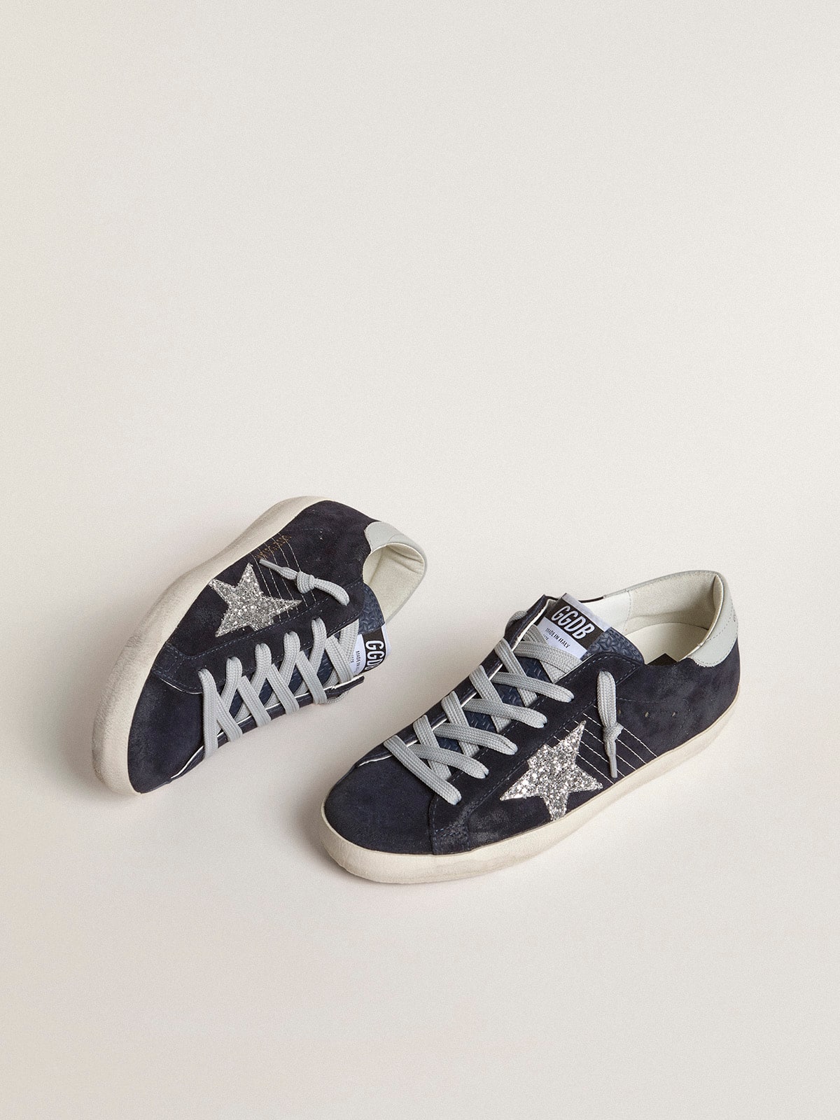 Women's Super-Star in blue suede, silver glitter star and leather heel tab