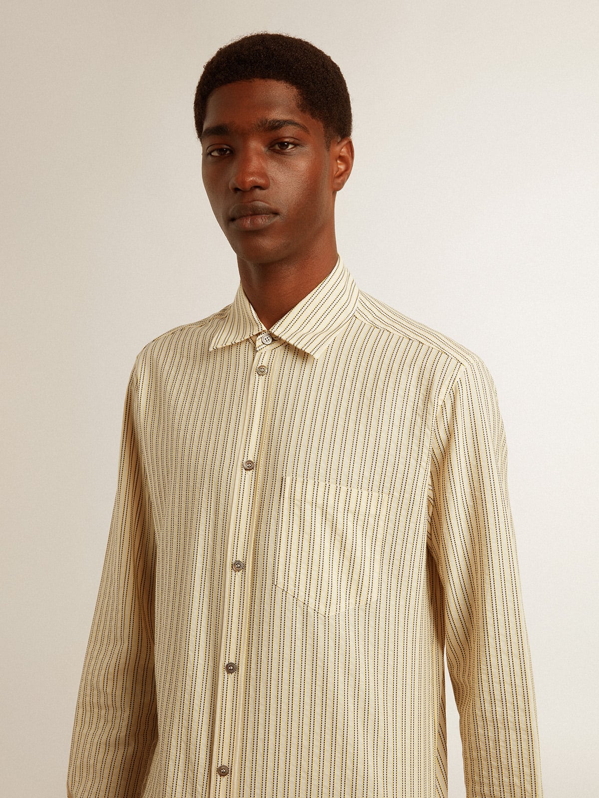Men's ecru cotton shirt with narrow black stripes