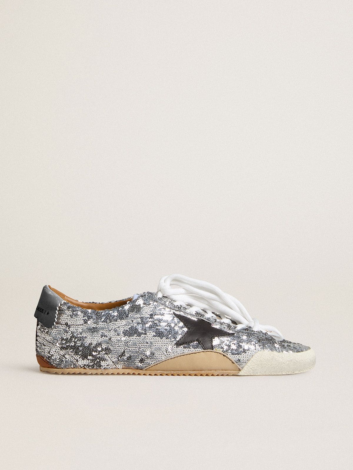 Women's True-Star in silver sequins with black star and beige leather heel tab
