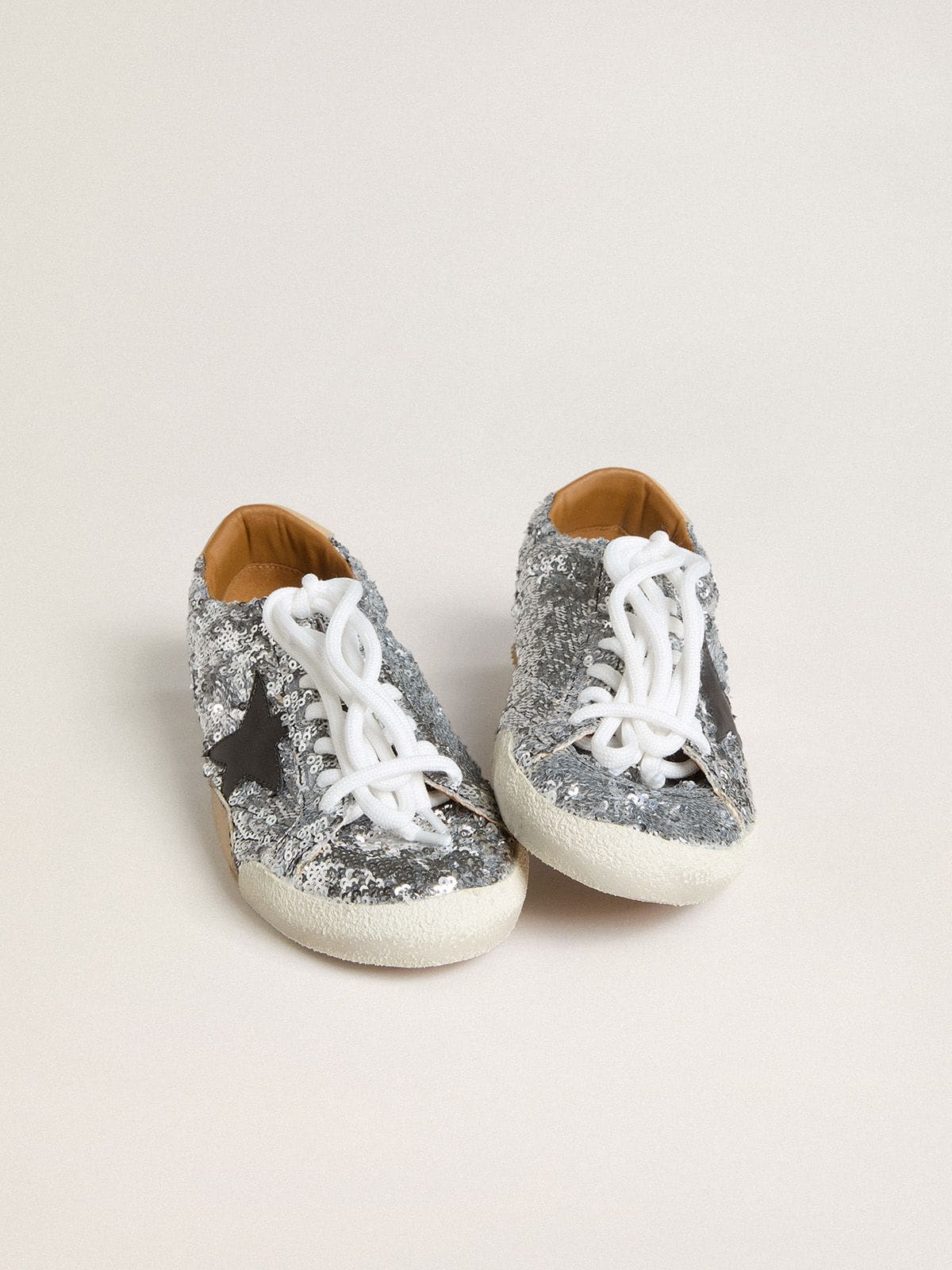 Women's True-Star in silver sequins with black star and beige leather heel tab