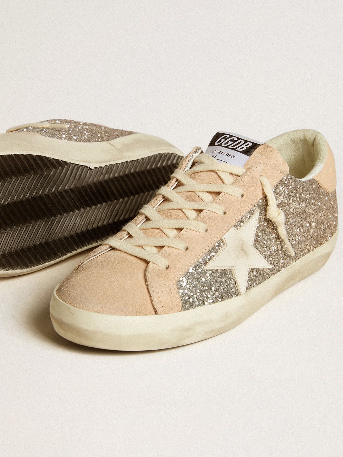 Women's Super-Star in silver glitter with leather star and heel tab