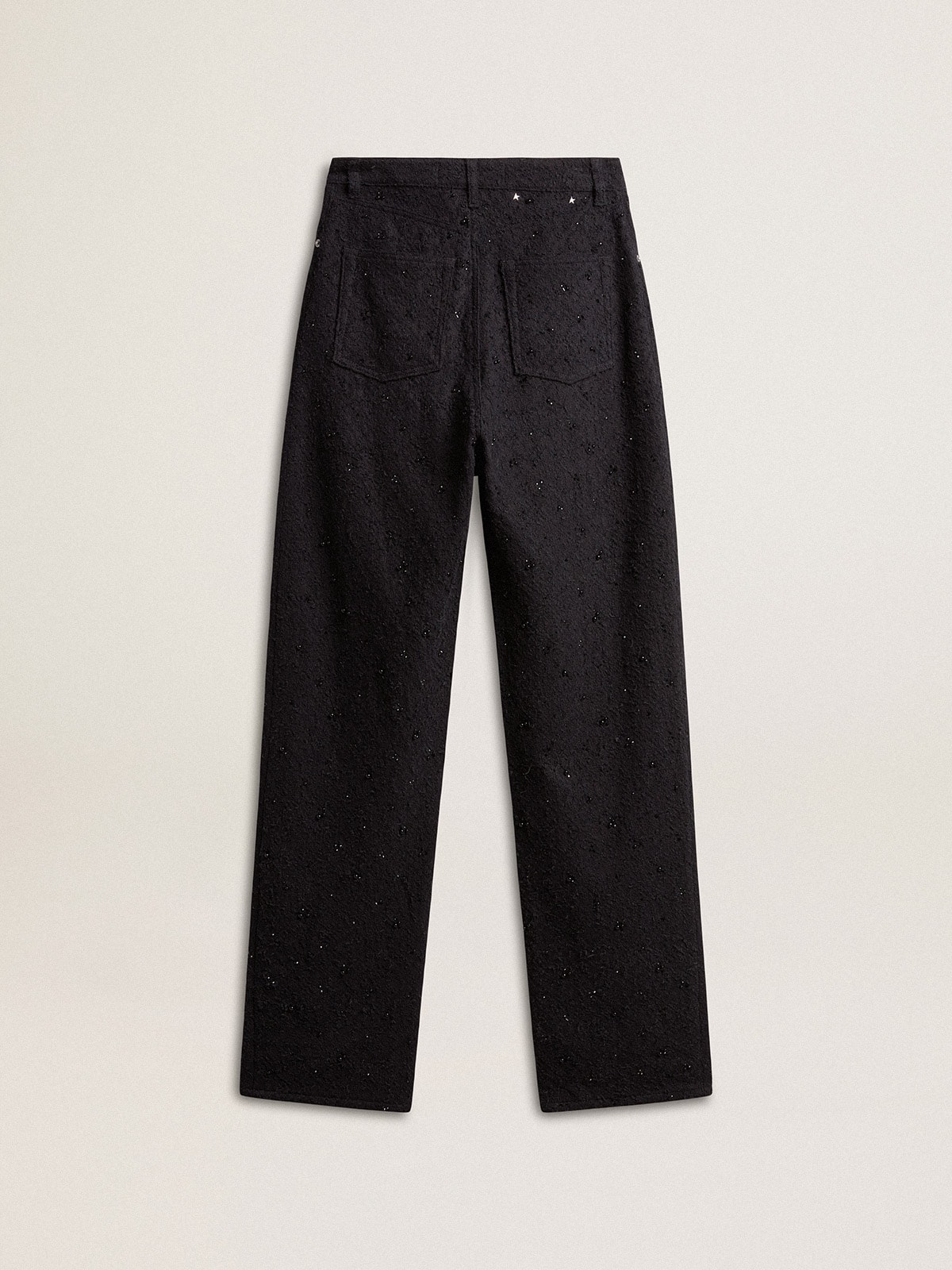 Women's cotton denim pants with crystal and stone decoration