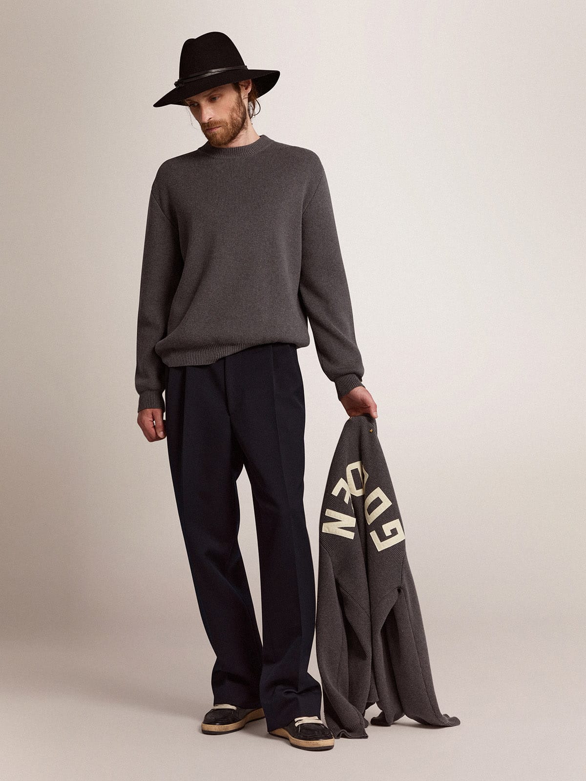 Men's round-neck sweater in dark gray cotton with logo on the back