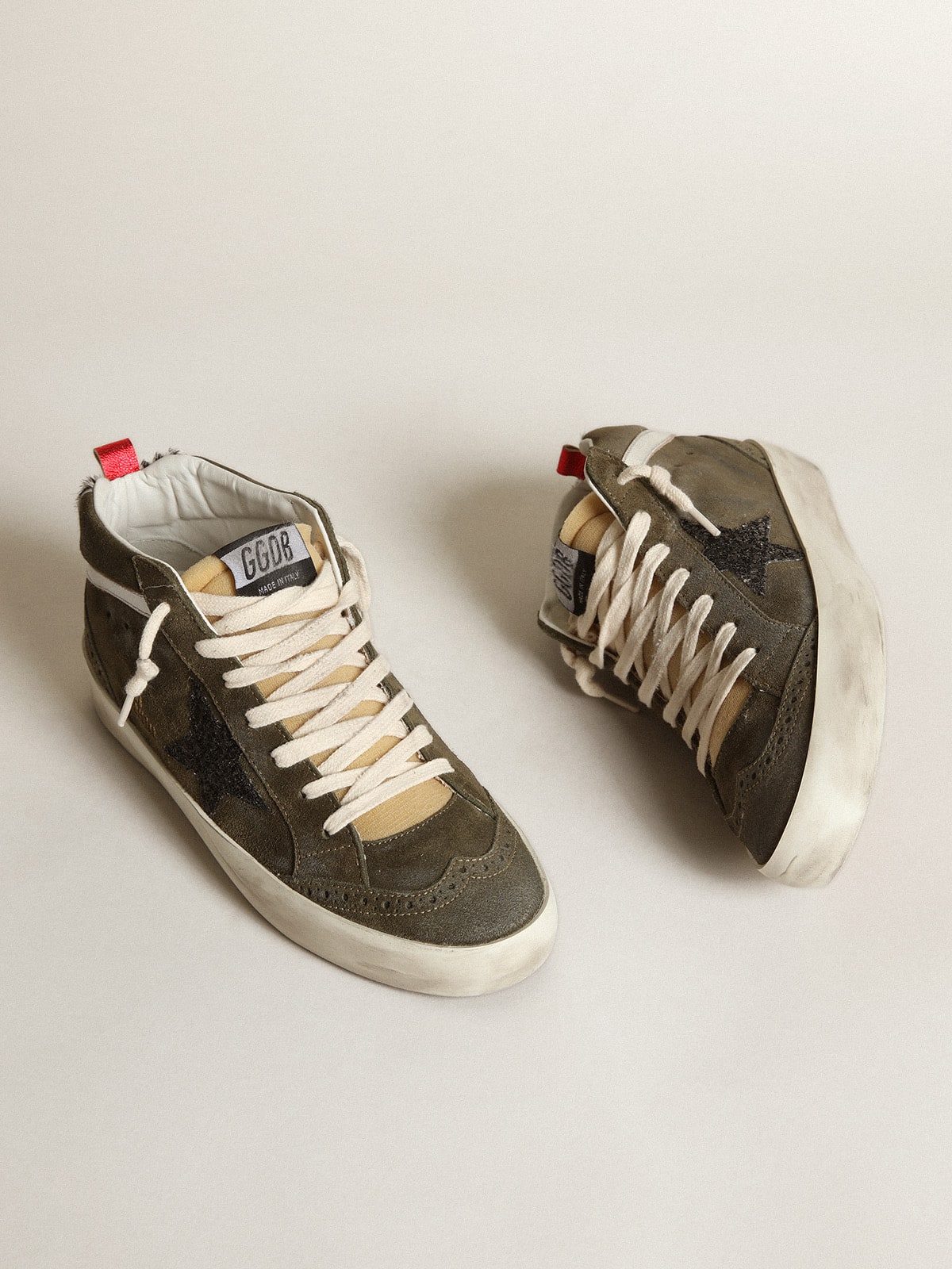 Women's Mid-Star in olive-green suede with black glitter star and pony skin heel tab