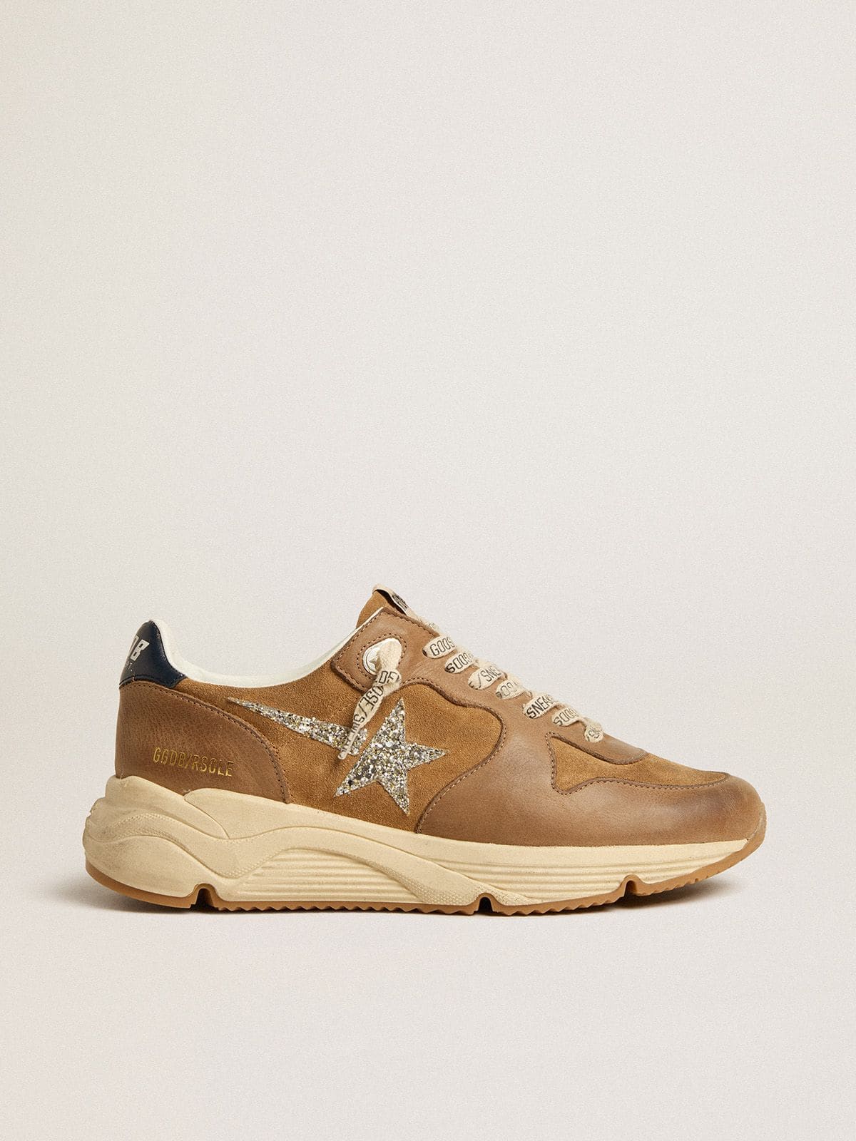 Women's Running Sole in tobacco-colored nappa leather and suede with silver glitter star