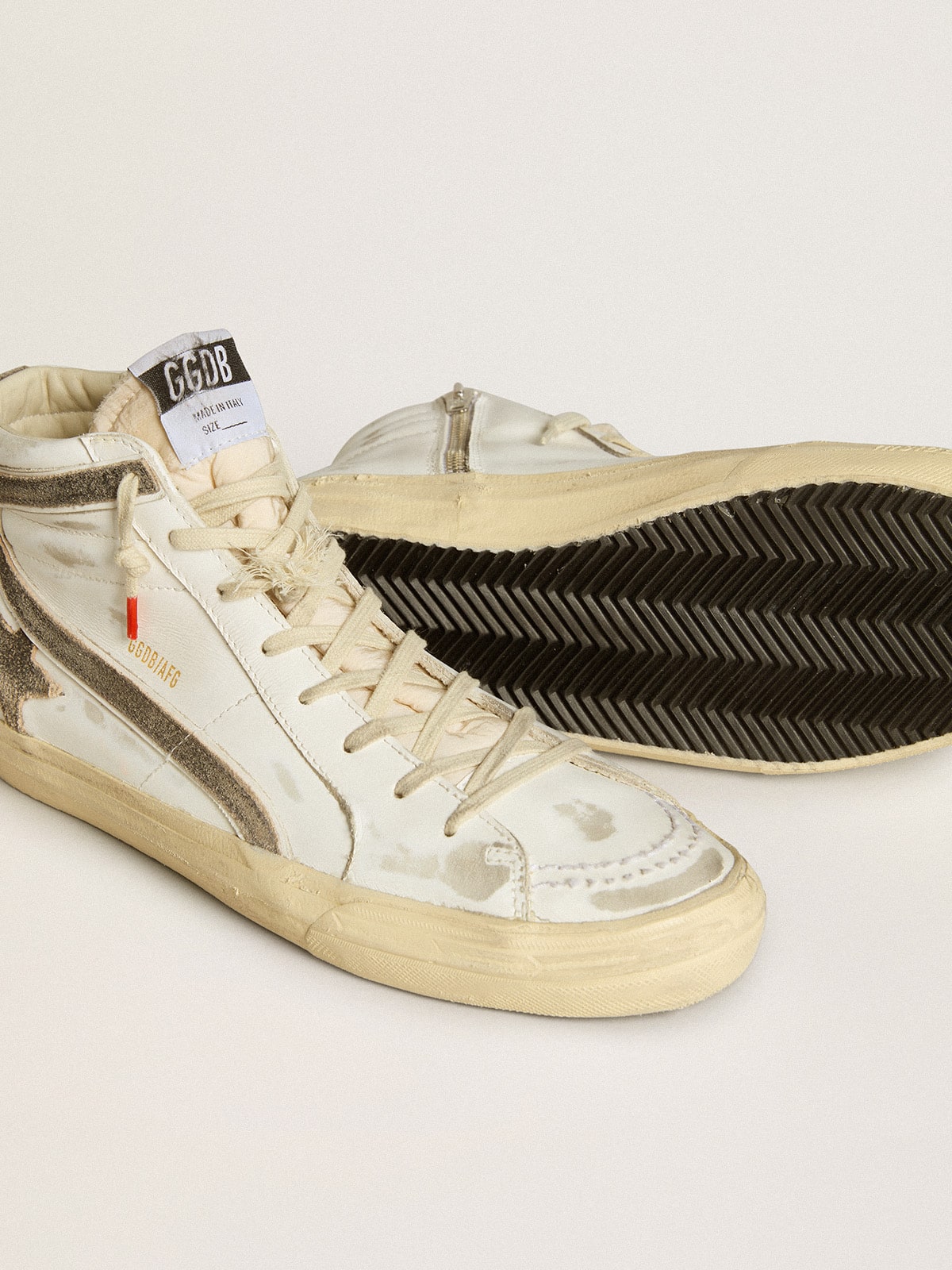 Men's Slide LAB in white leather with star and flash in brown suede