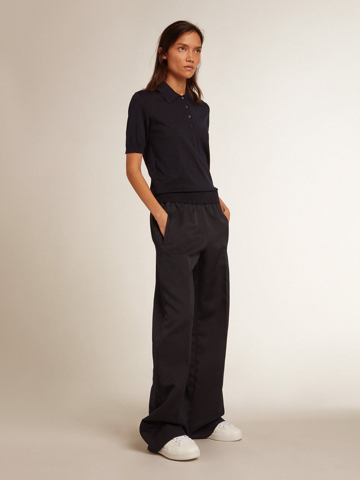 Women's polo shirt in navy-blue merino wool