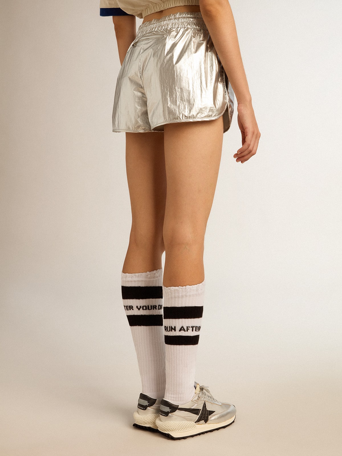 Women's running shorts in silver fabric