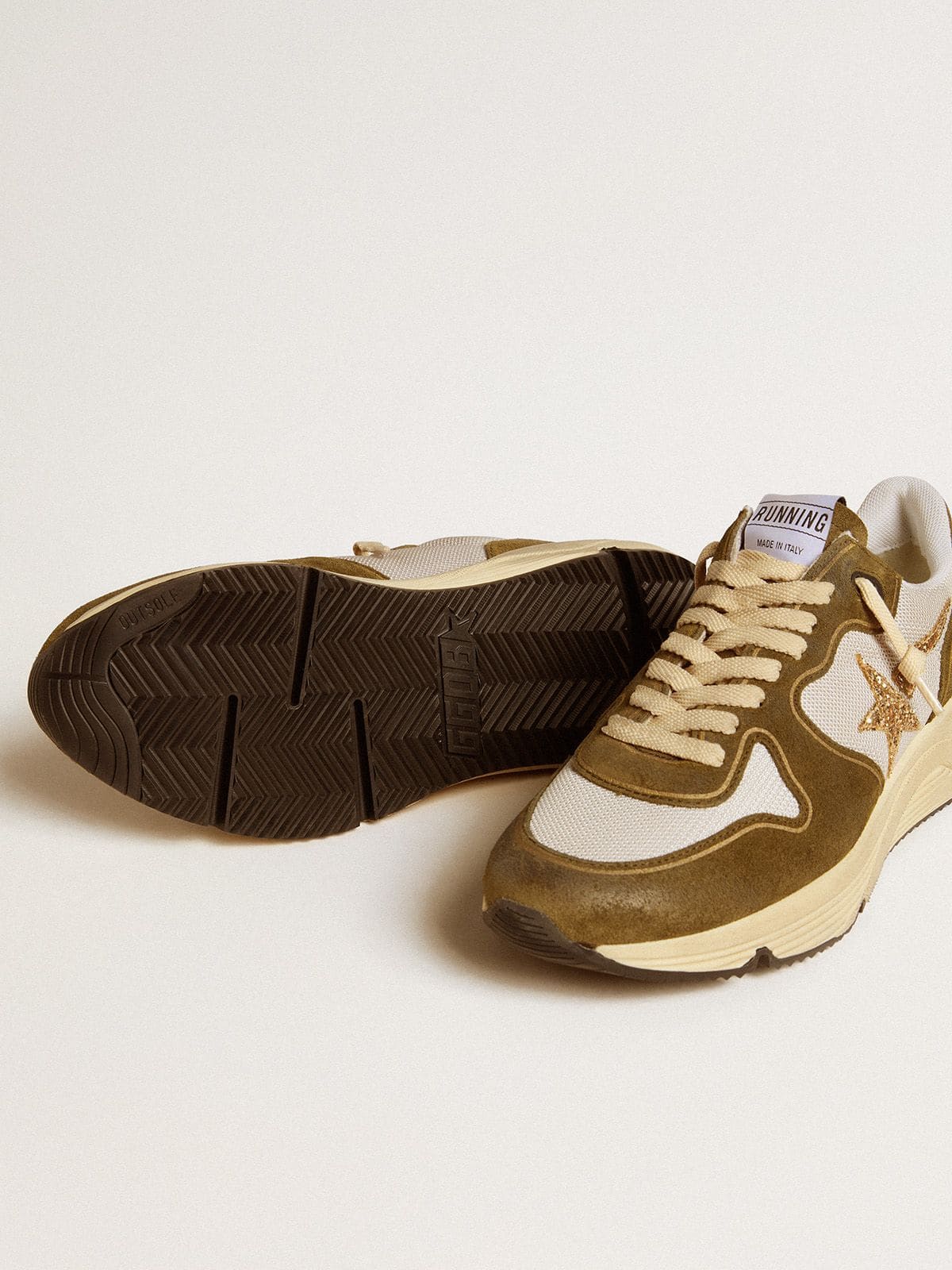 Women's Running Sole in brown suede and mesh with gold glitter star