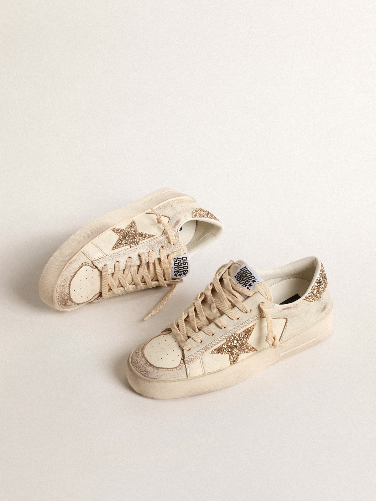 Women's Stardan in ecru nappa leather with gold glitter star and heel tab