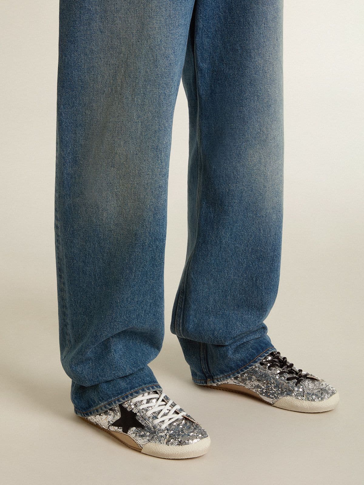 Women's True-Star in silver sequins with black star and beige leather heel tab