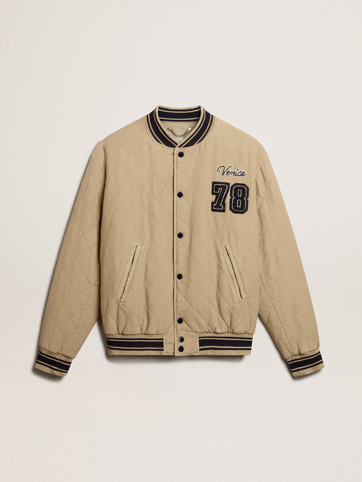 Khaki-colored quilted cotton bomber jacket