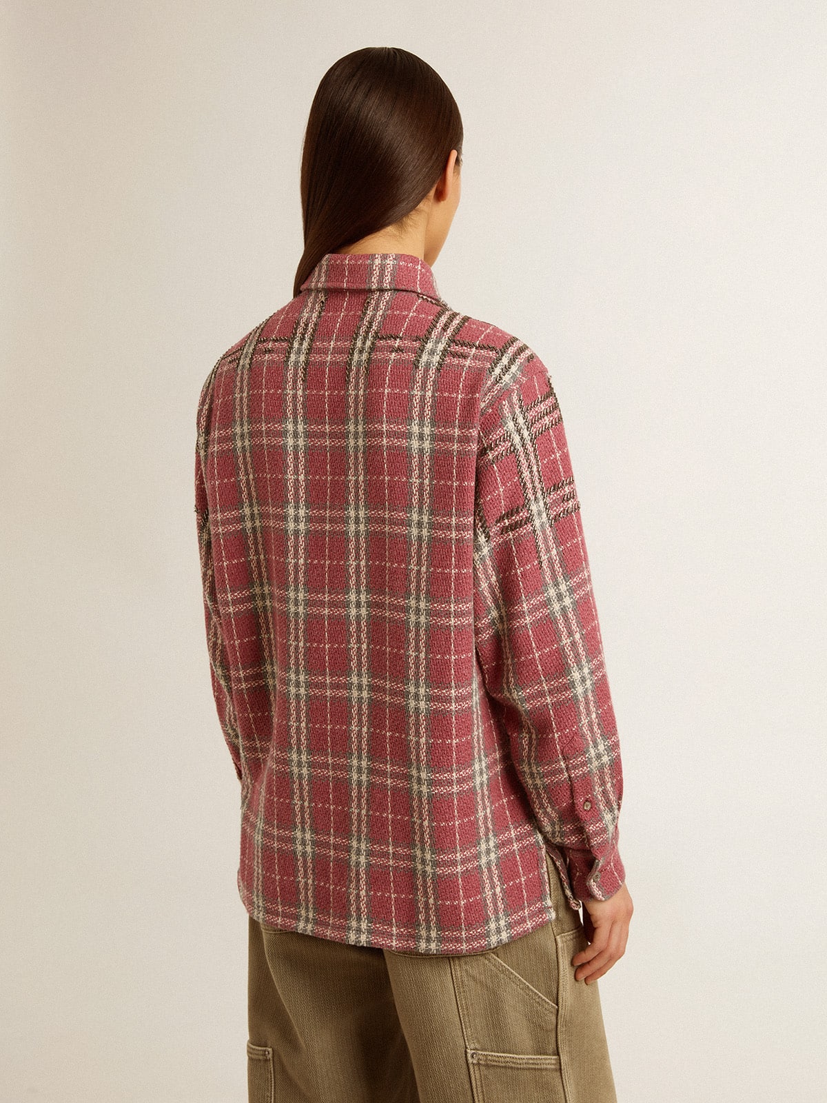Women's shirt with pink, sand and gray check embroidery