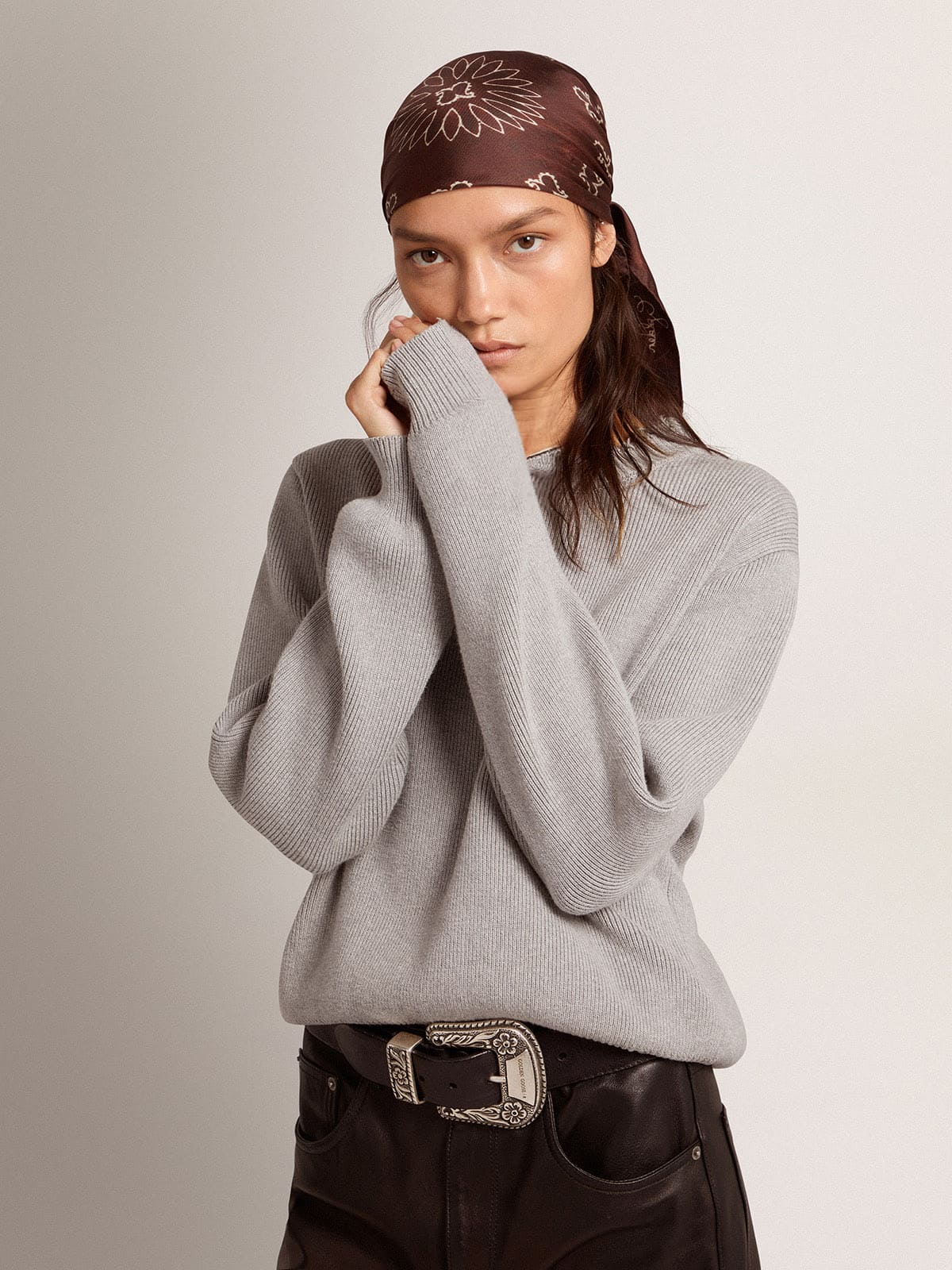 Women's round-neck sweater in gray cotton