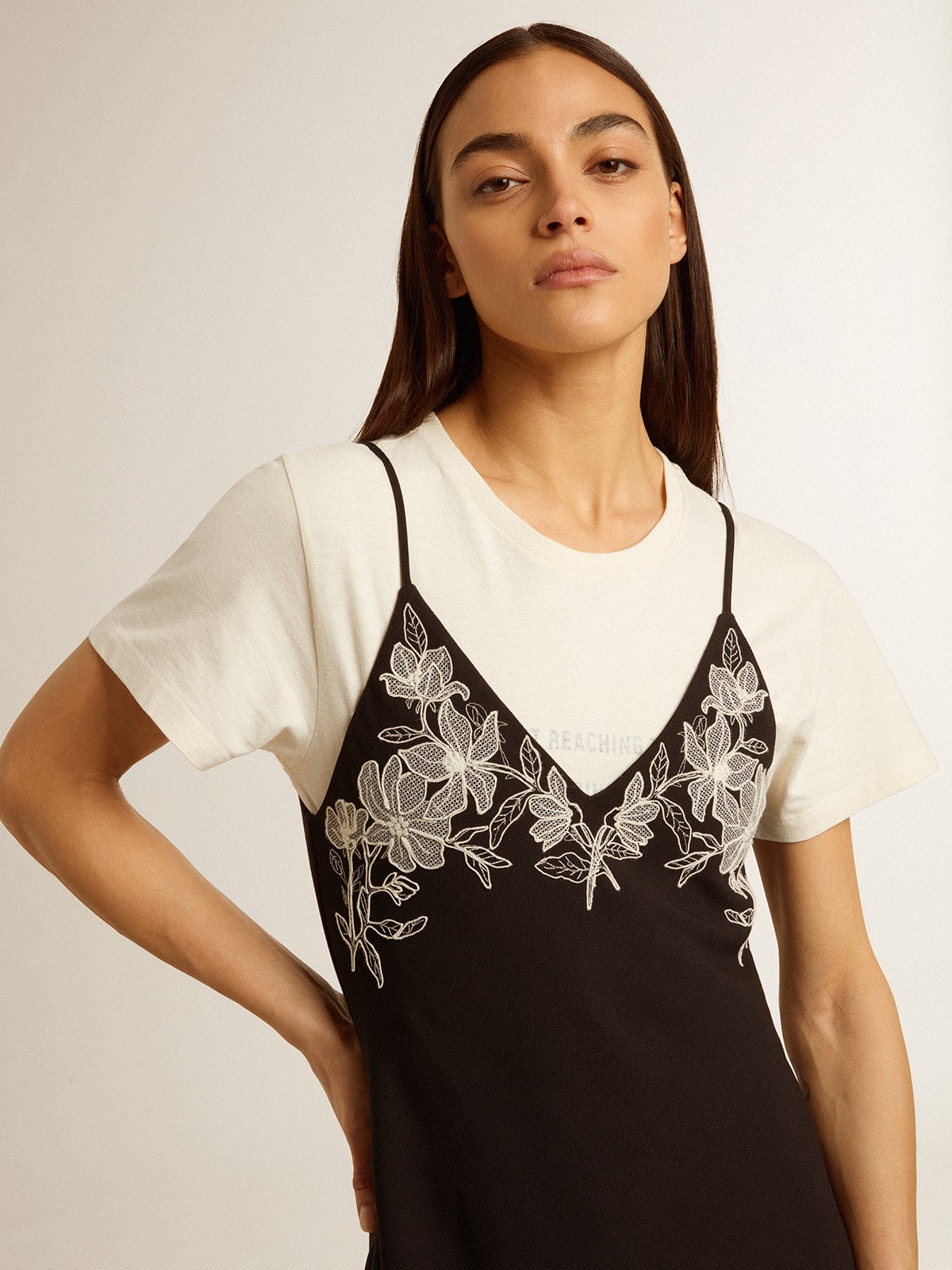 Women's black slip dress with embroidery