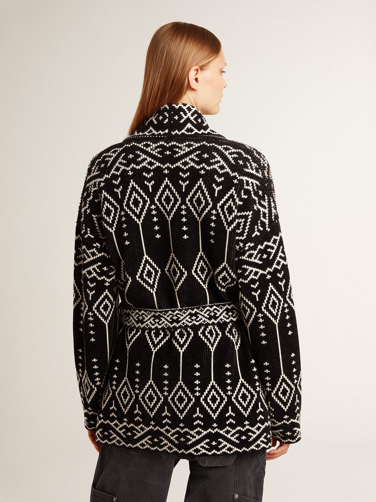 Women's black cardigan with belt and crystals