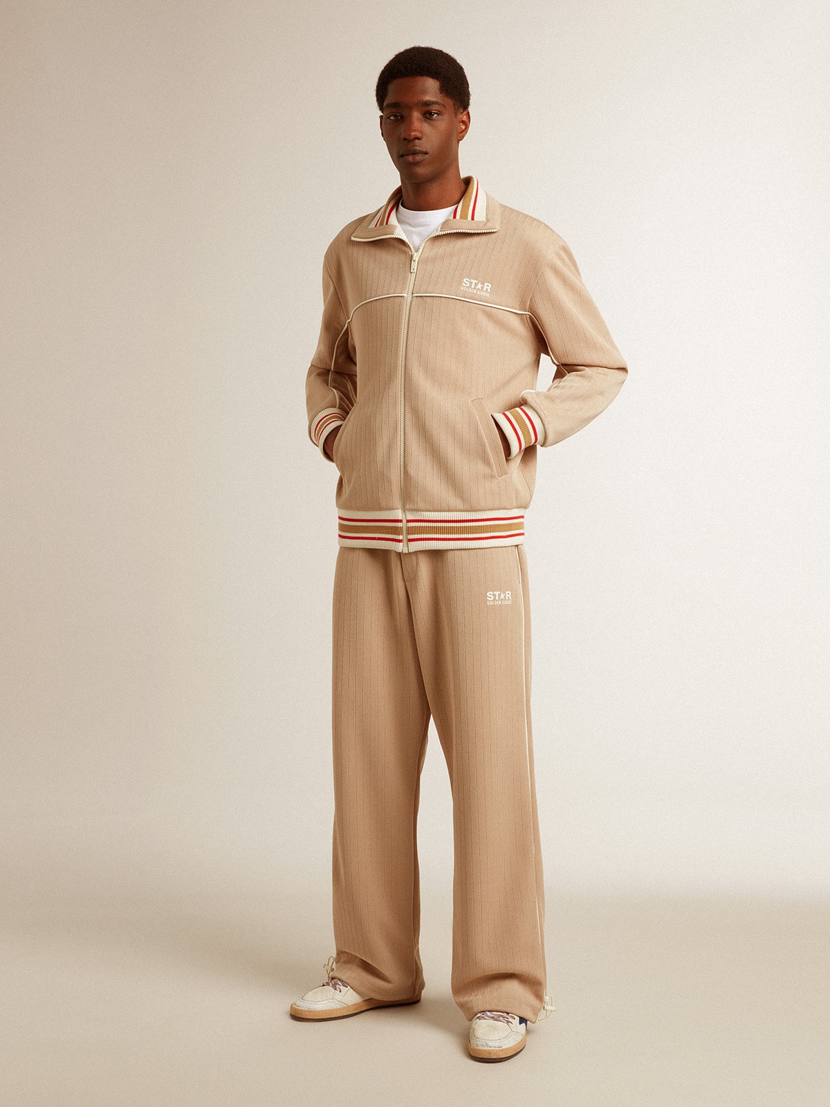 Men's light beige zipped sweatshirt with white logo