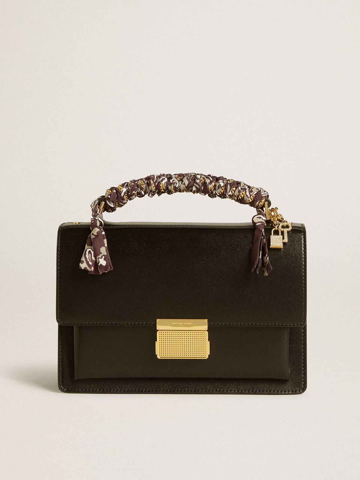 Venezia Bag in black boarded leather with scarf and double charm