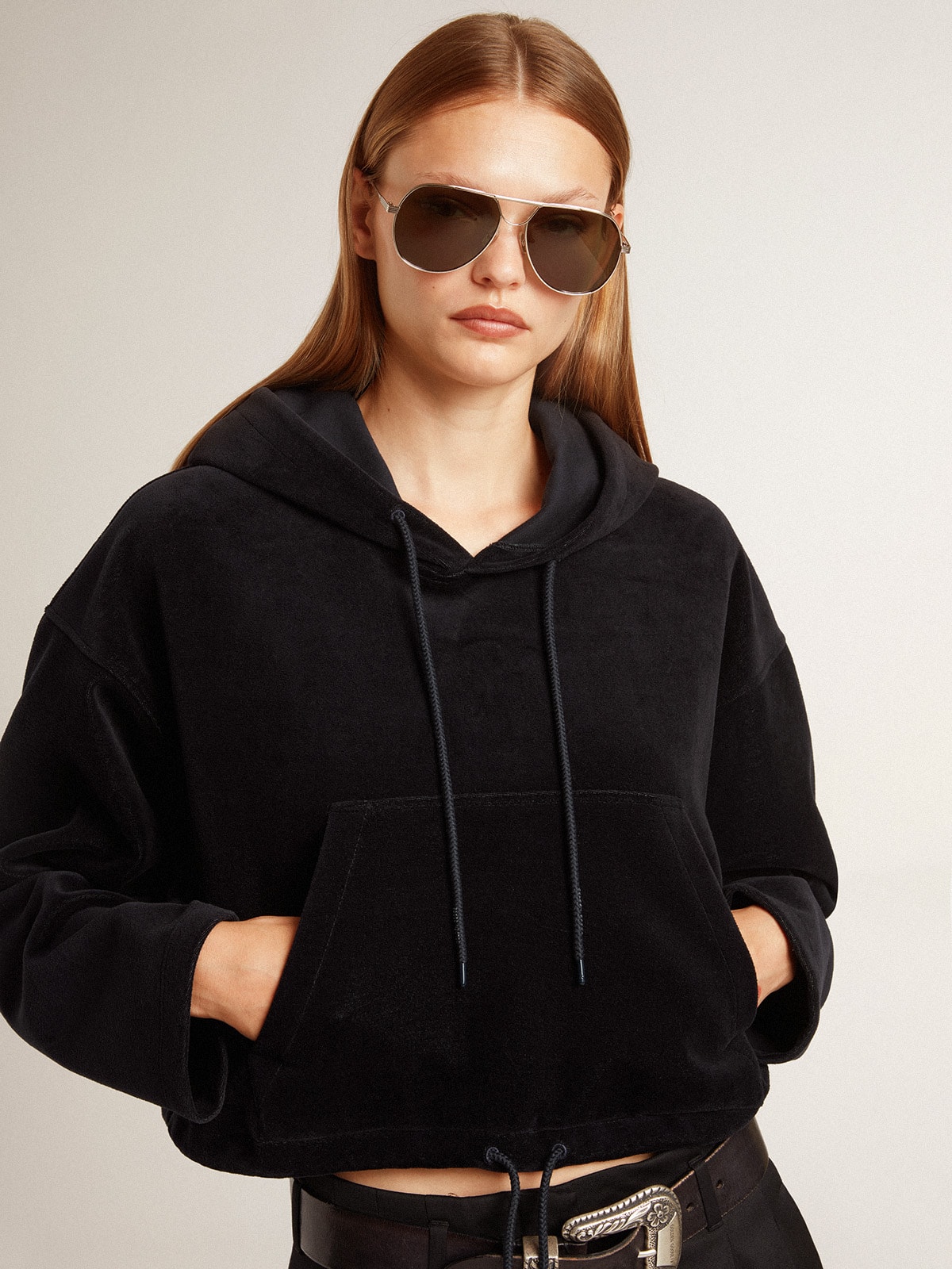 Women's black chenille sweatshirt with embroidery on the back