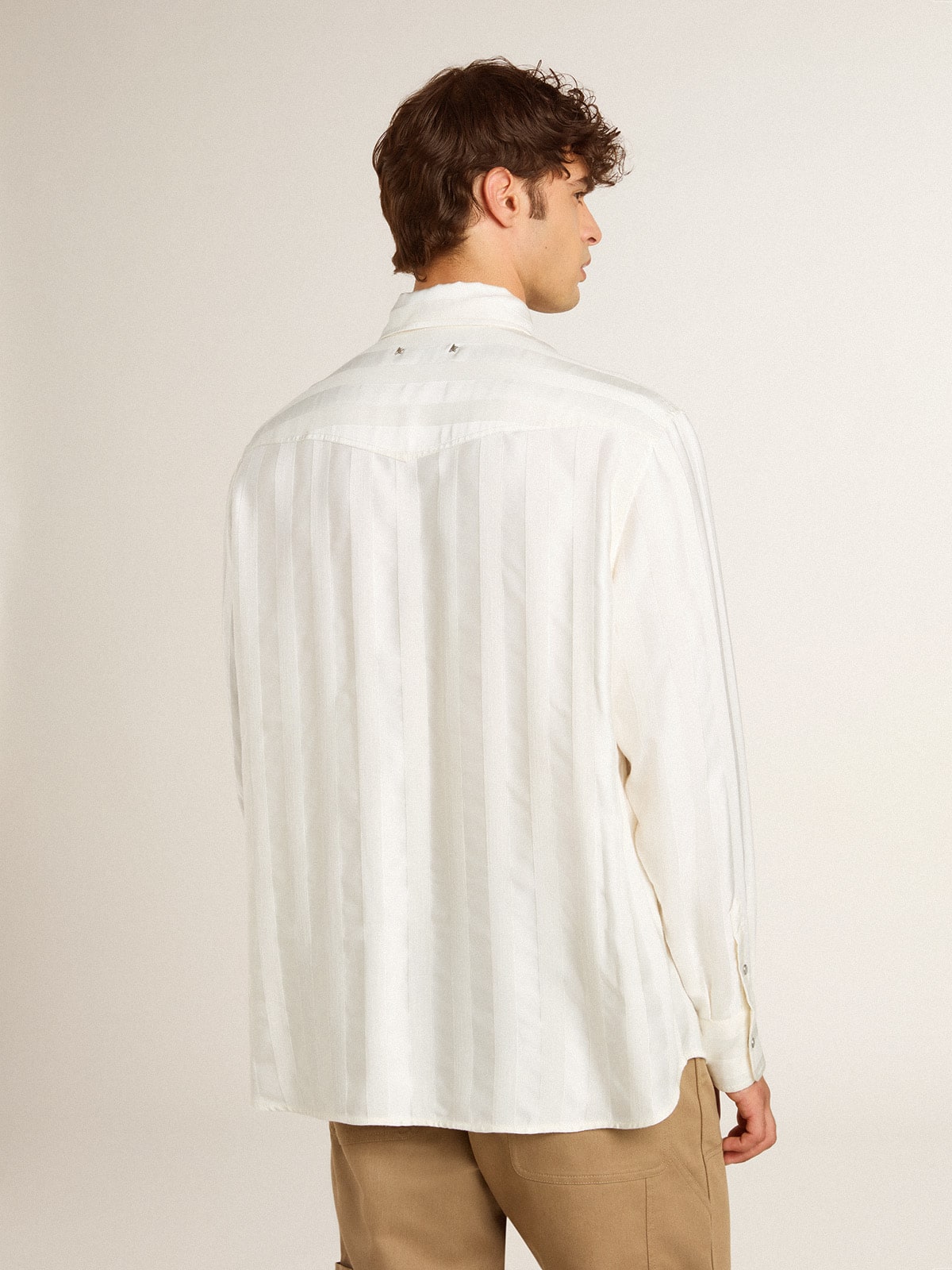 Men's oversized worn-white shirt with vertical stripes