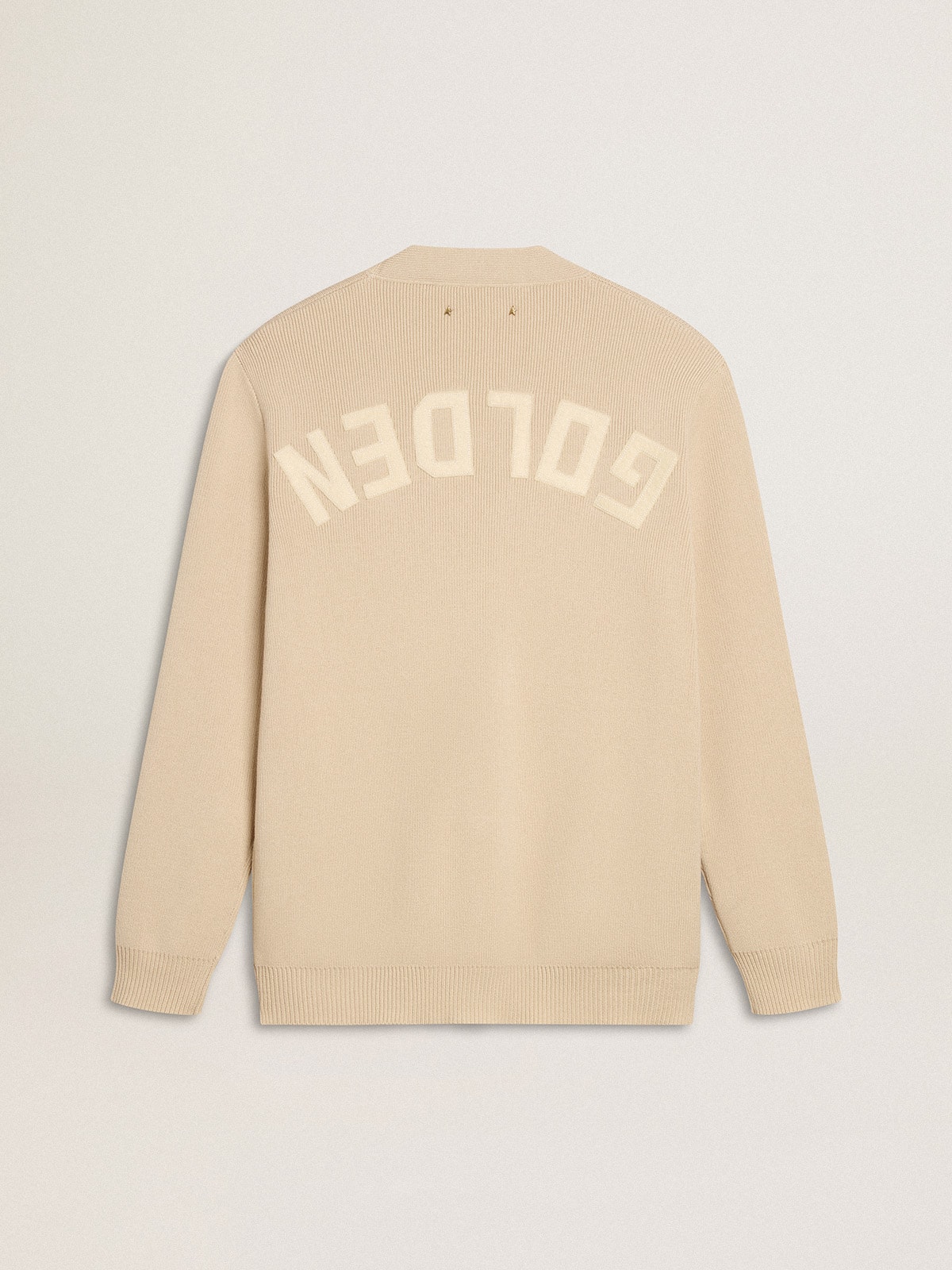 Men's beige cardigan with 'Golden' lettering on the back