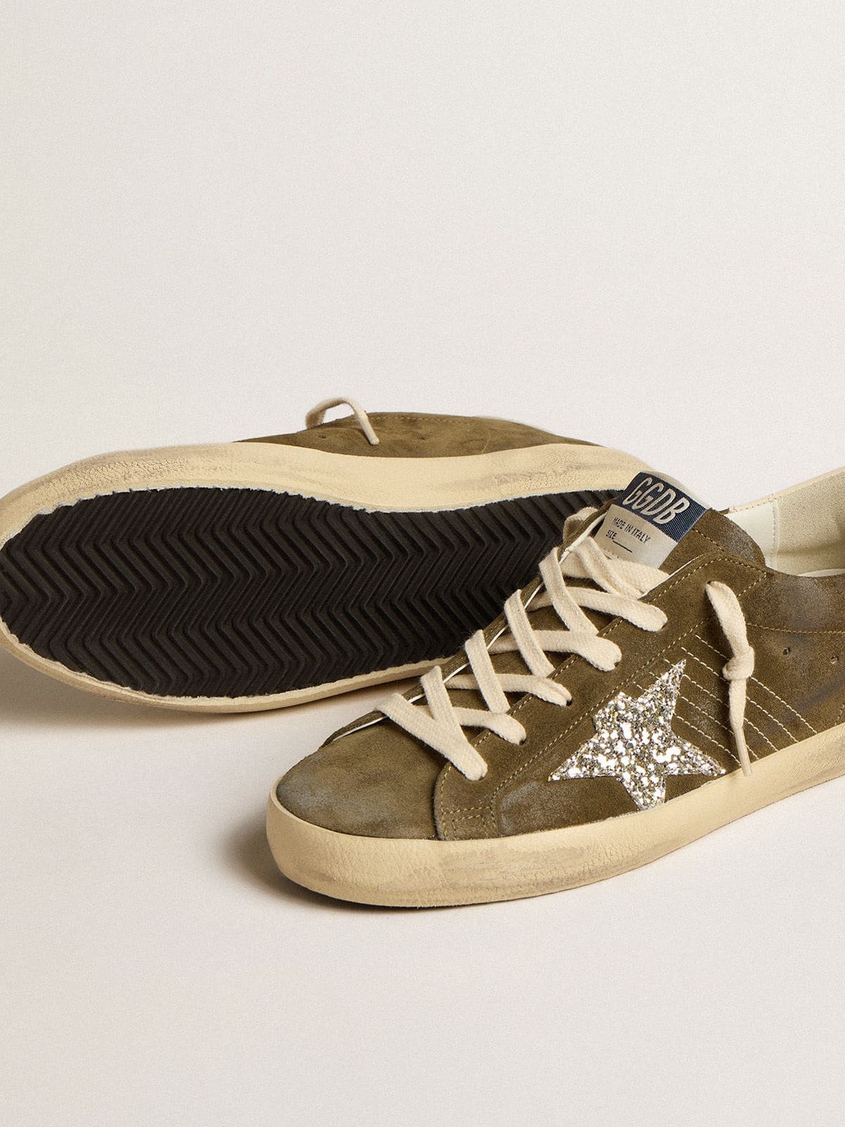 Women's Super-Star in green suede with glitter star and cream heel tab